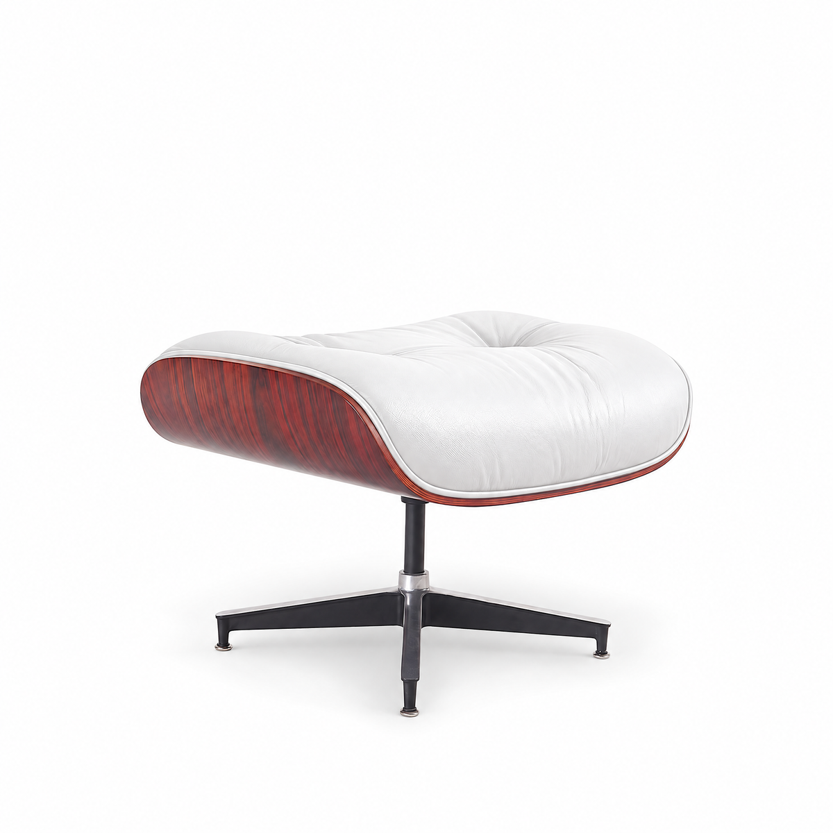 Mid-century ottoman in white full-grain leather with rosewood veneer, front three-quarter view
