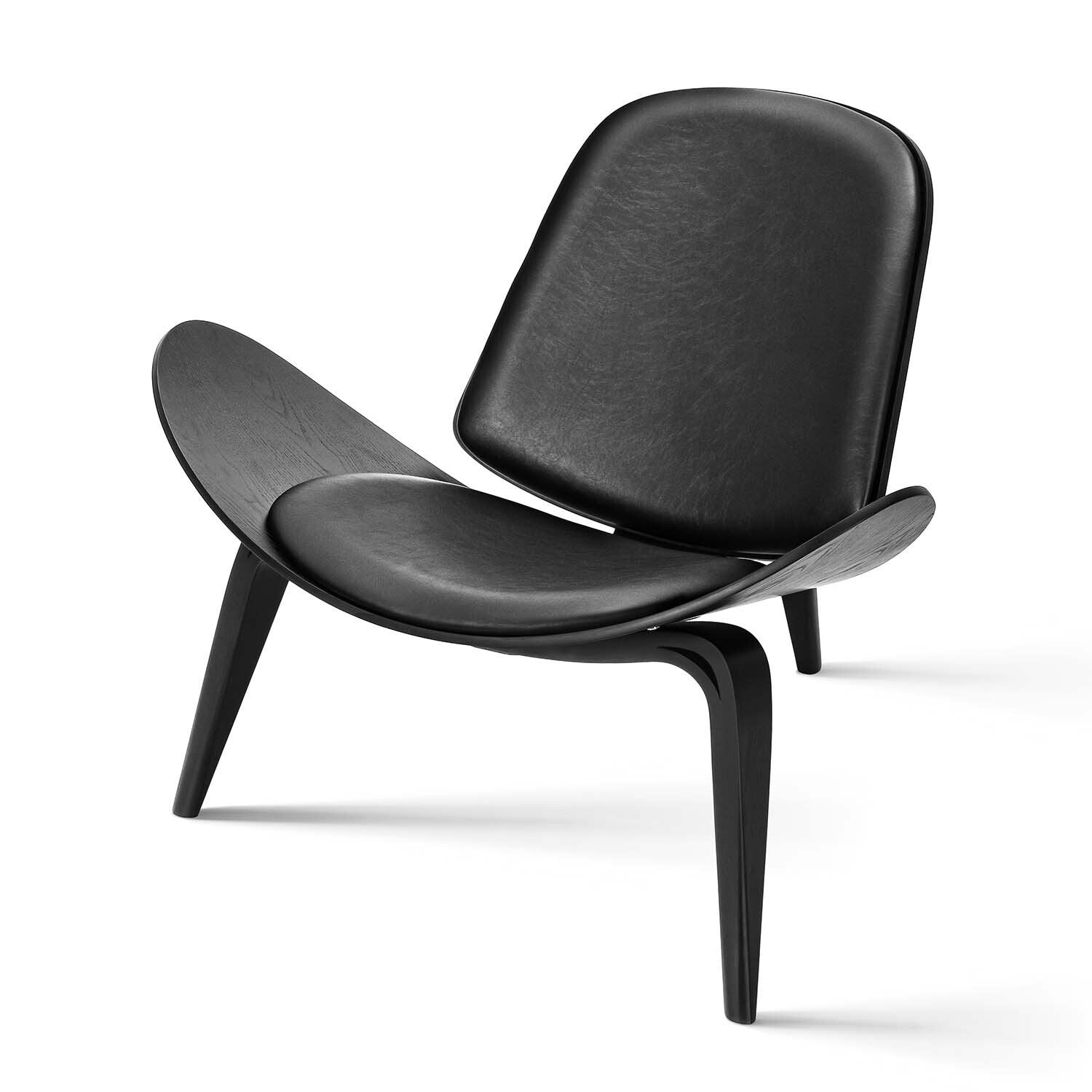 Hans J. Wegner Shell Chair, Black Vegan Leather and Veneer