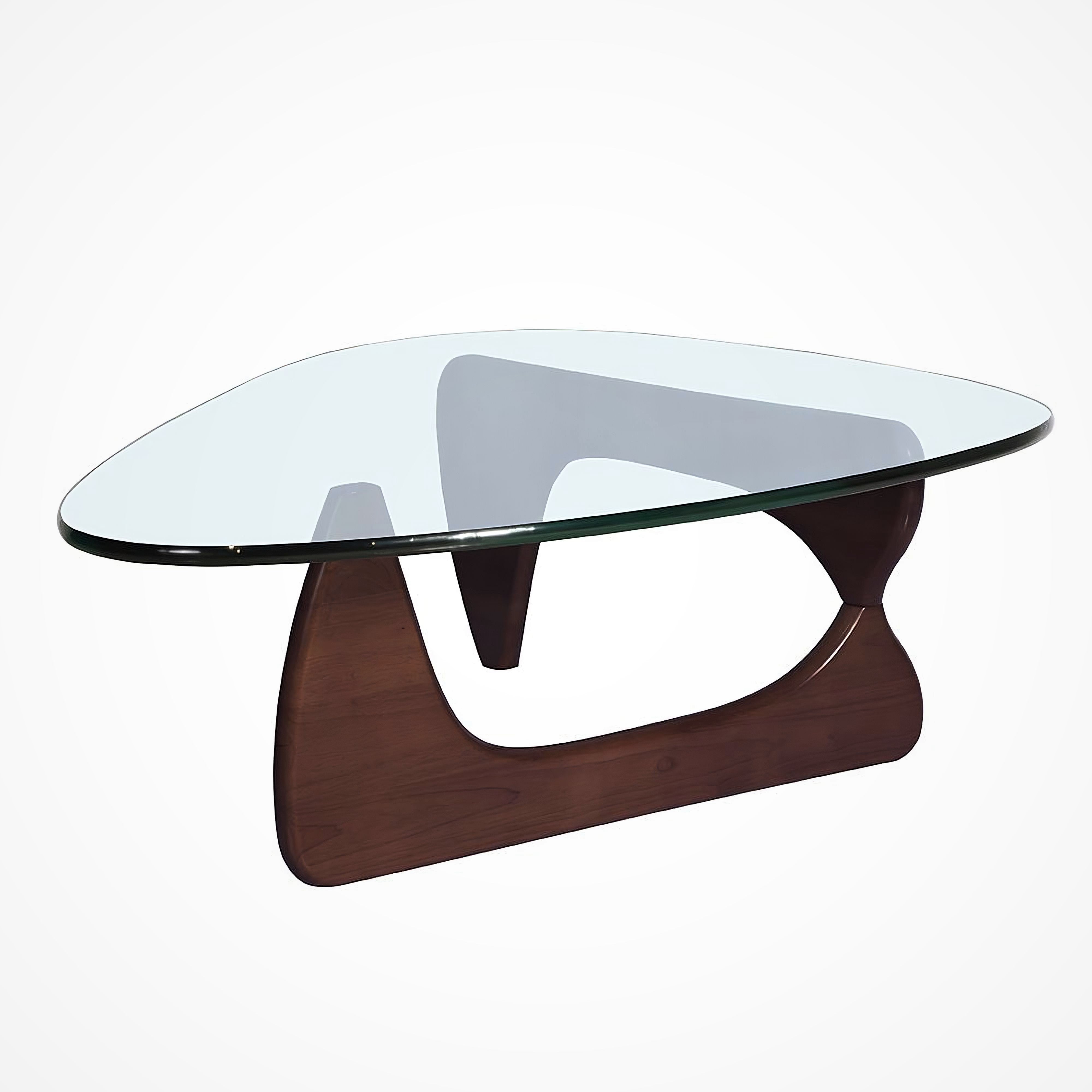 Innist sculptural coffee table in dark walnut, three-quarter view of curved dark wood base and glass tabletop