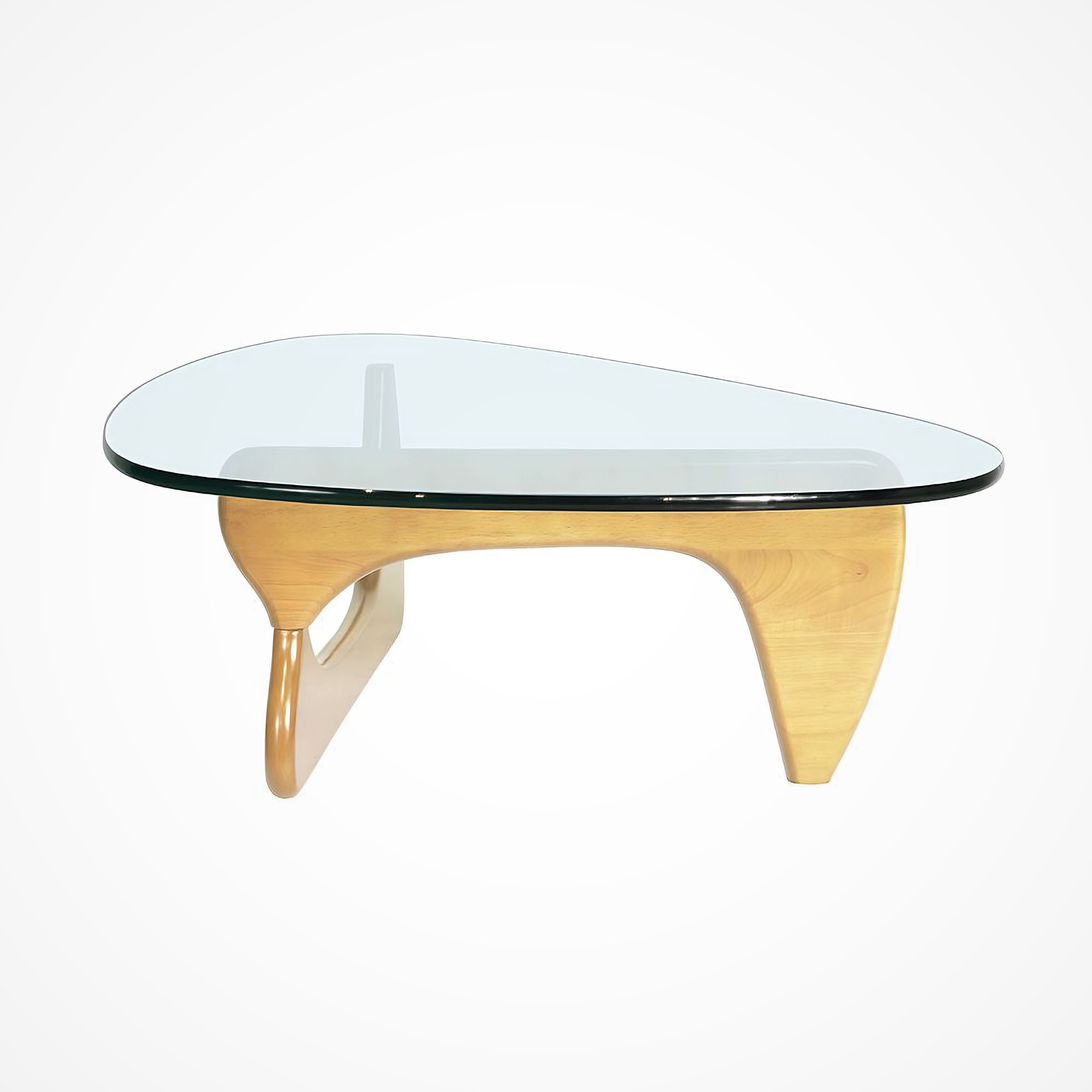 Innist sculptural coffee table in light ash, additional angle of pale wood base and tempered glass