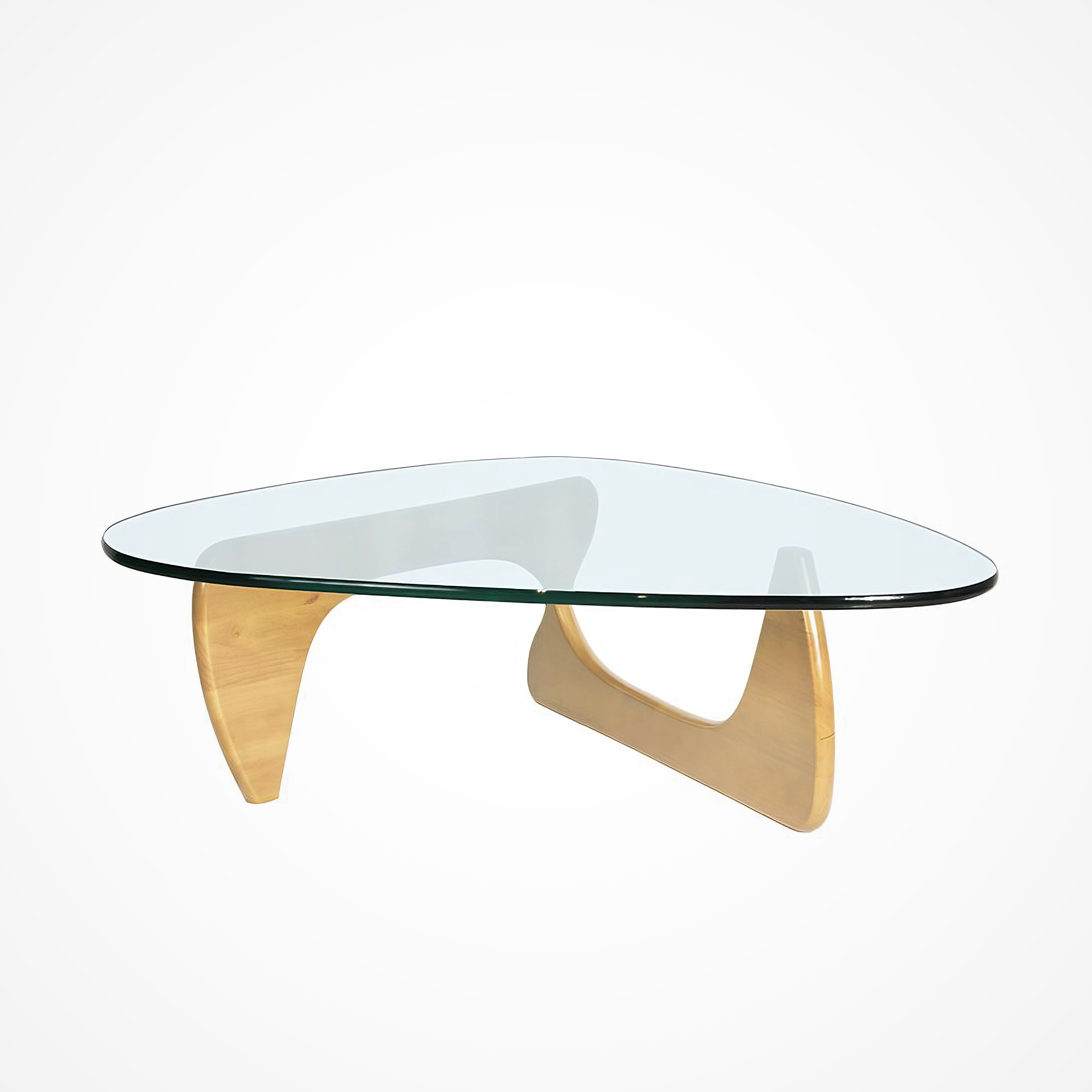 Innist sculptural coffee table in light ash, featuring a biomorphic pale wooden base and tempered glass top