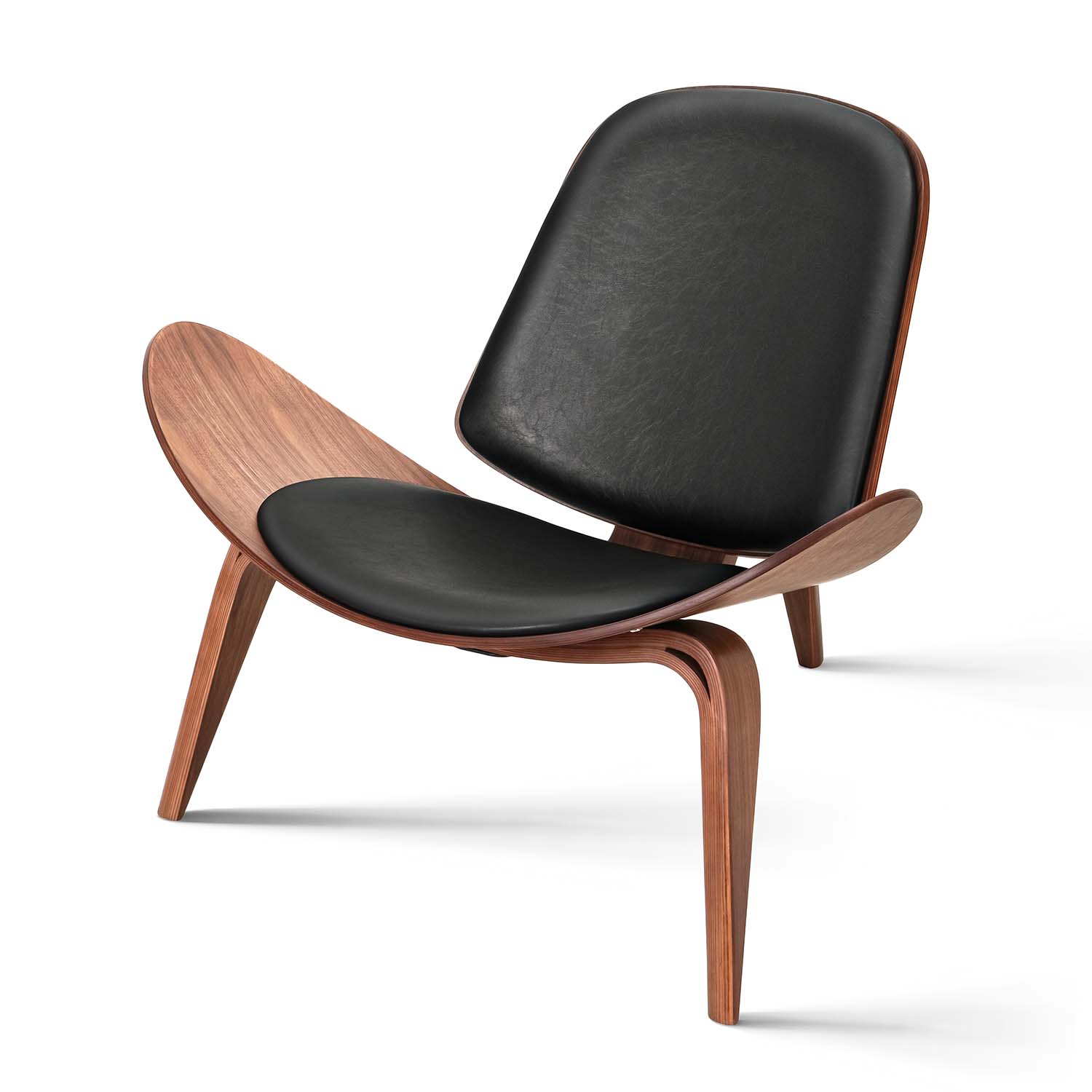 Hans J. Wegner Shell Chair, Black Vegan Leather and Veneer