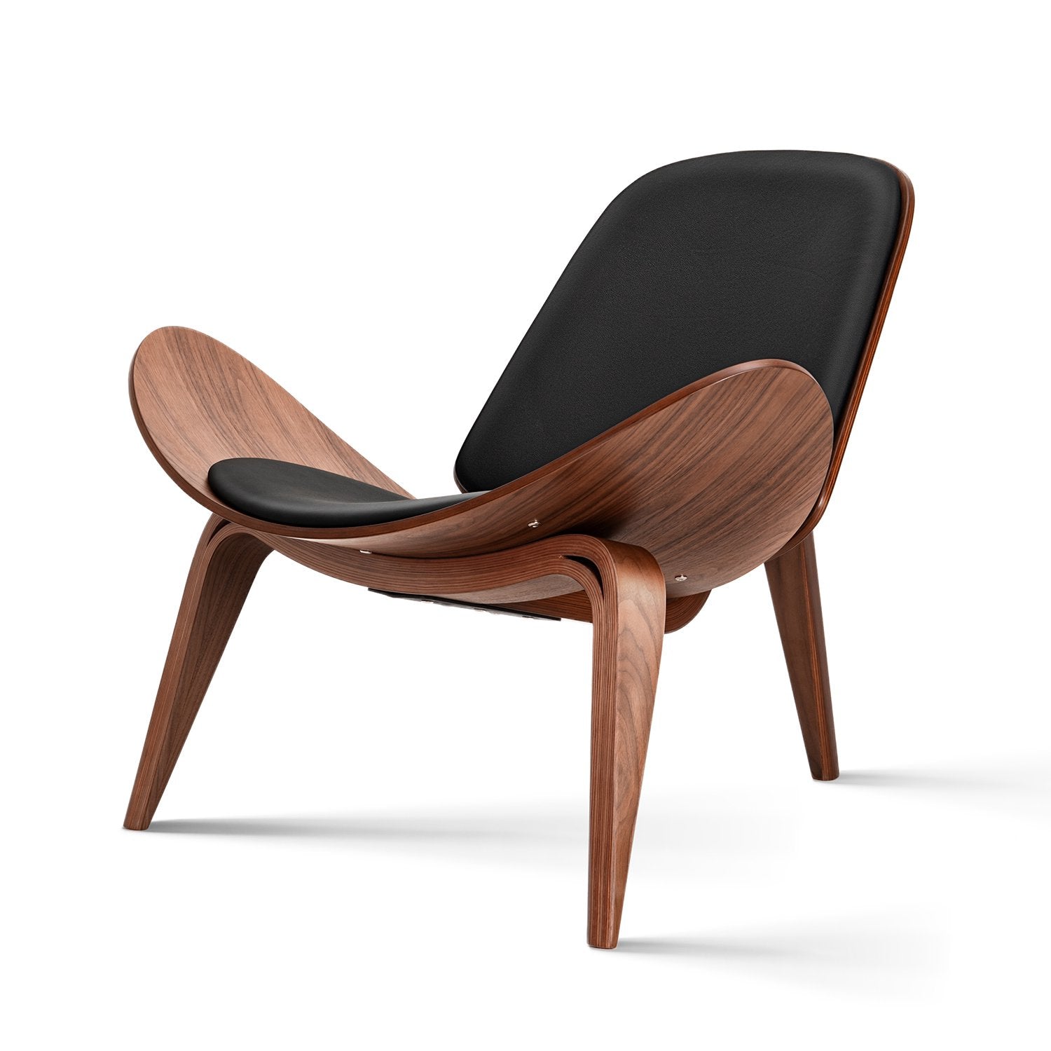 Hans J. Wegner Shell Chair, Black Vegan Leather and Veneer