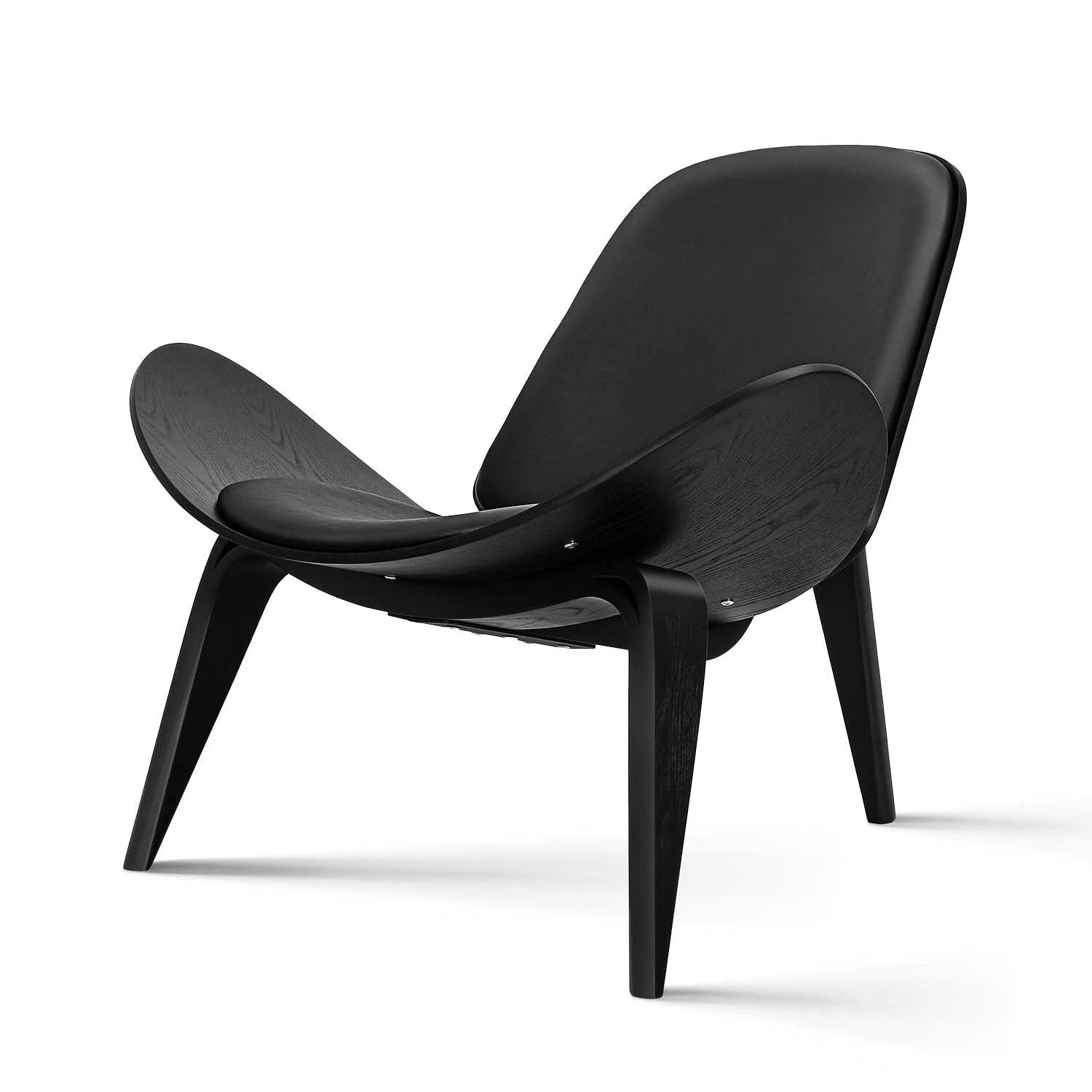 Hans J. Wegner Shell Chair, Black Vegan Leather and Veneer