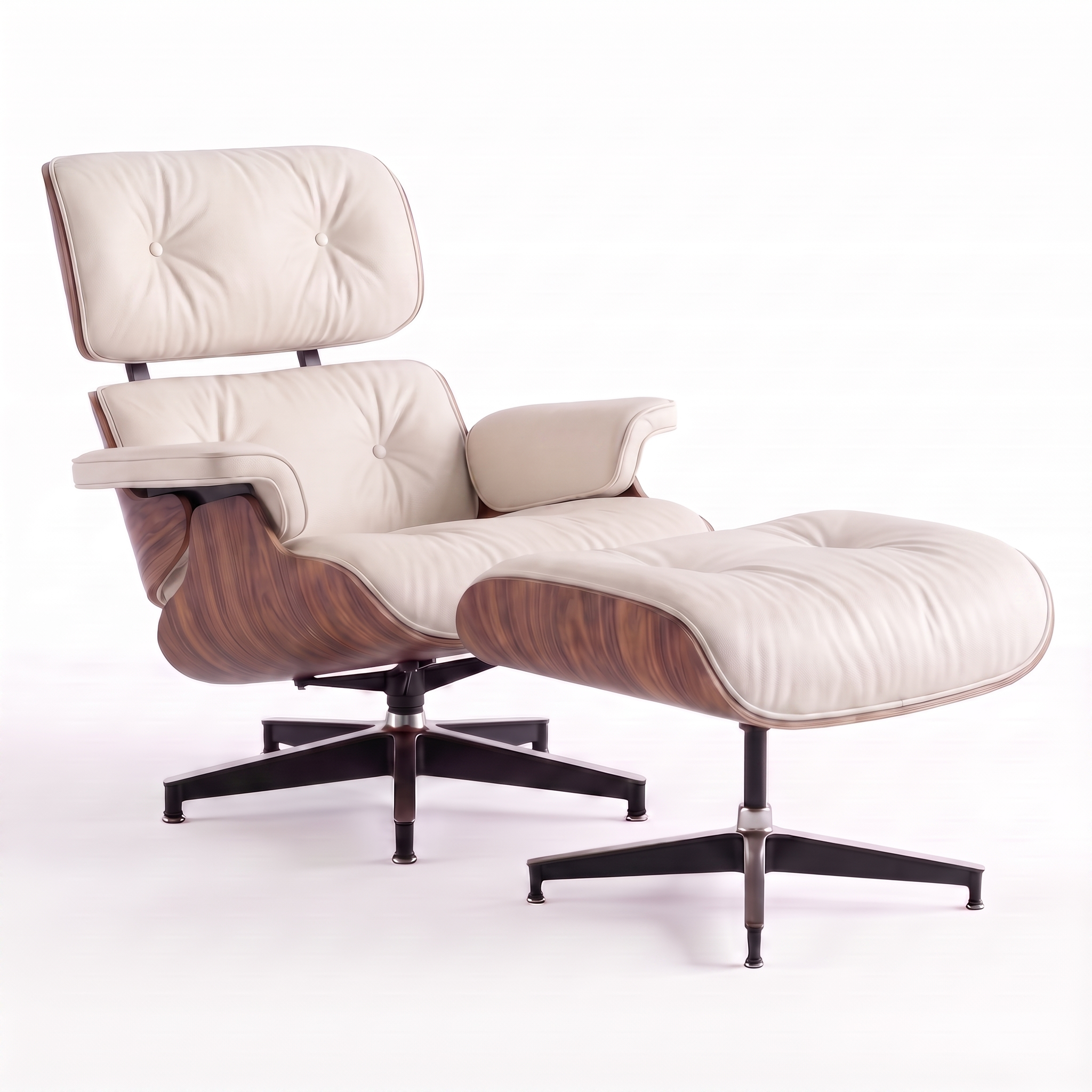 Mid-Century Lounge Chair & Ottoman in Full-Grain Leather, Aluminum, and Veneer
