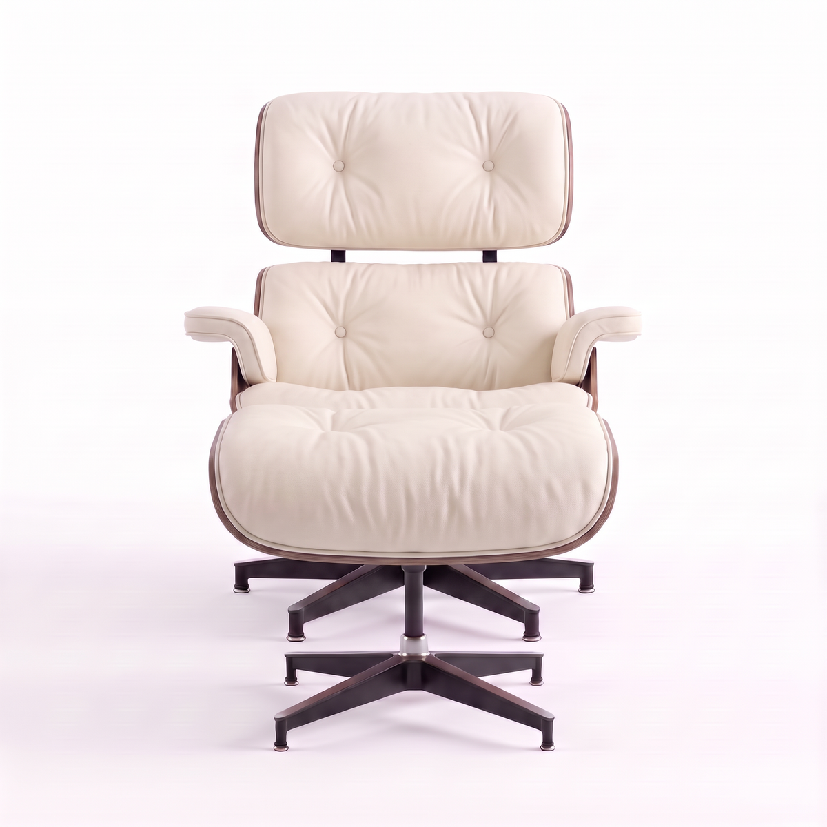 Mid-Century Lounge Chair & Ottoman in Full-Grain Leather, Aluminum, and Veneer
