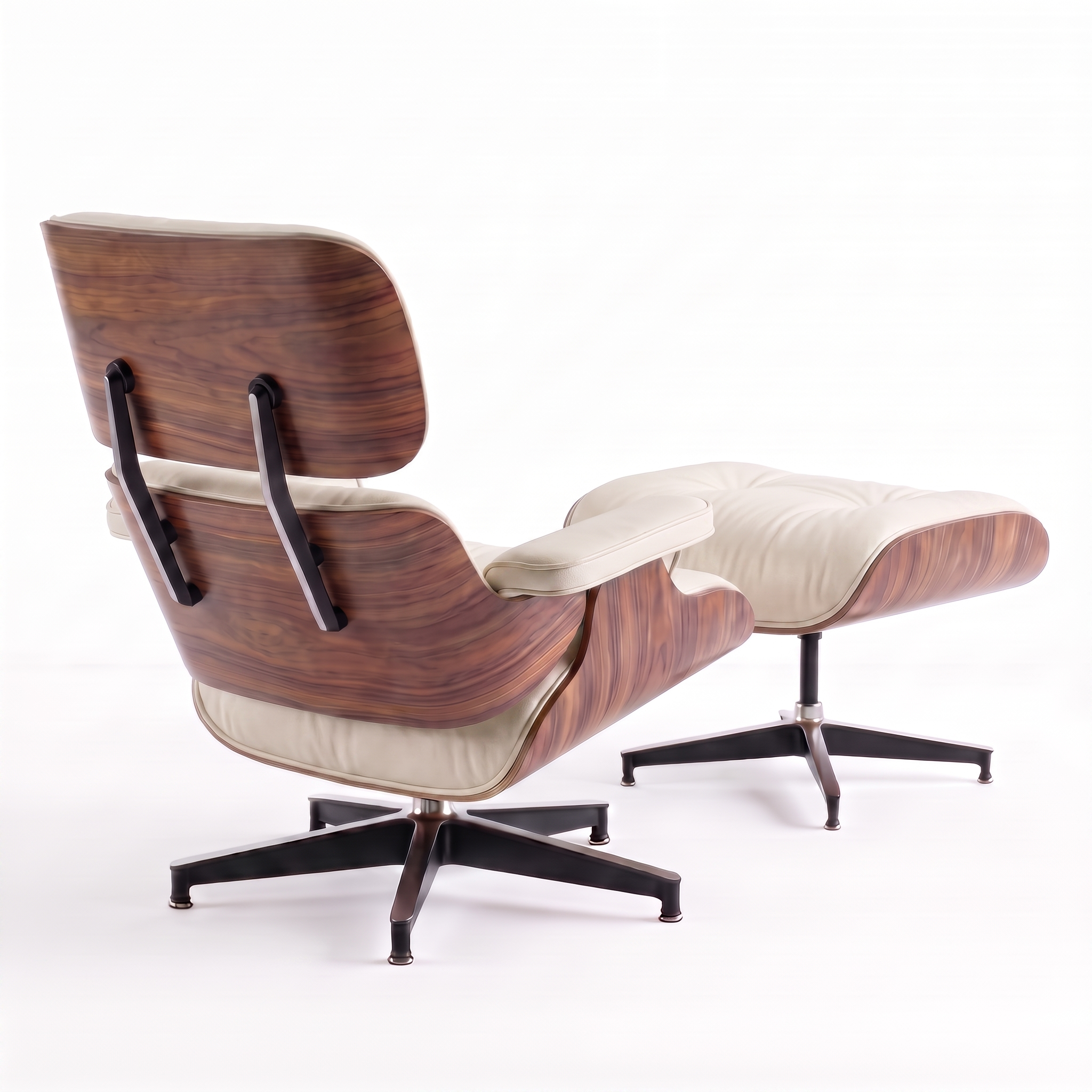 Mid-Century Lounge Chair & Ottoman in Full-Grain Leather, Aluminum, and Veneer