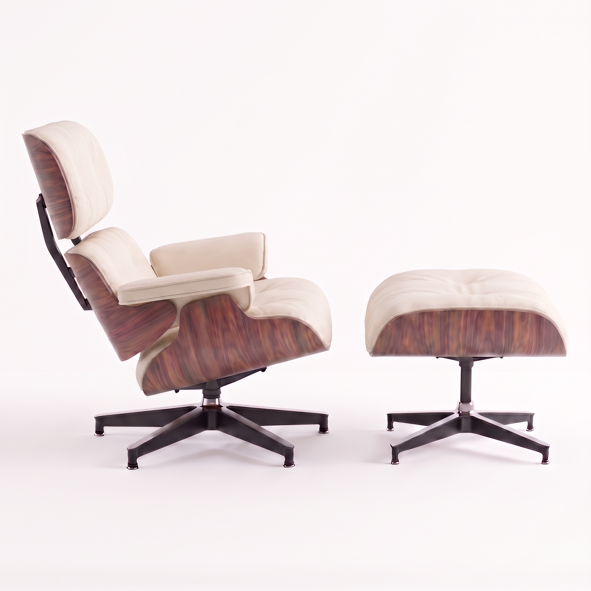 Mid-Century Lounge Chair & Ottoman in Full-Grain Leather, Aluminum, and Veneer