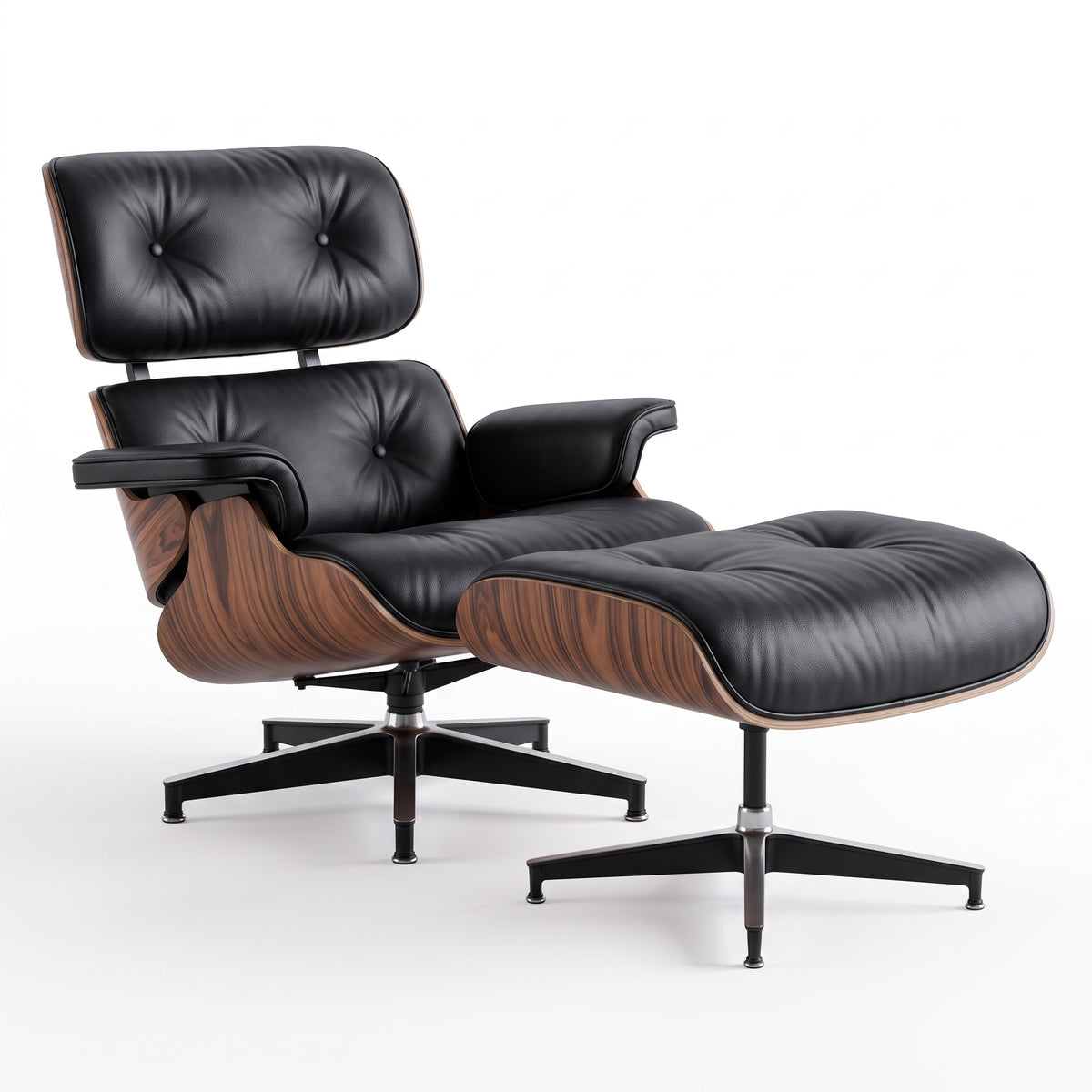 Mid-Century Lounge Chair & Ottoman in Full-Grain Leather, Aluminum, and Veneer