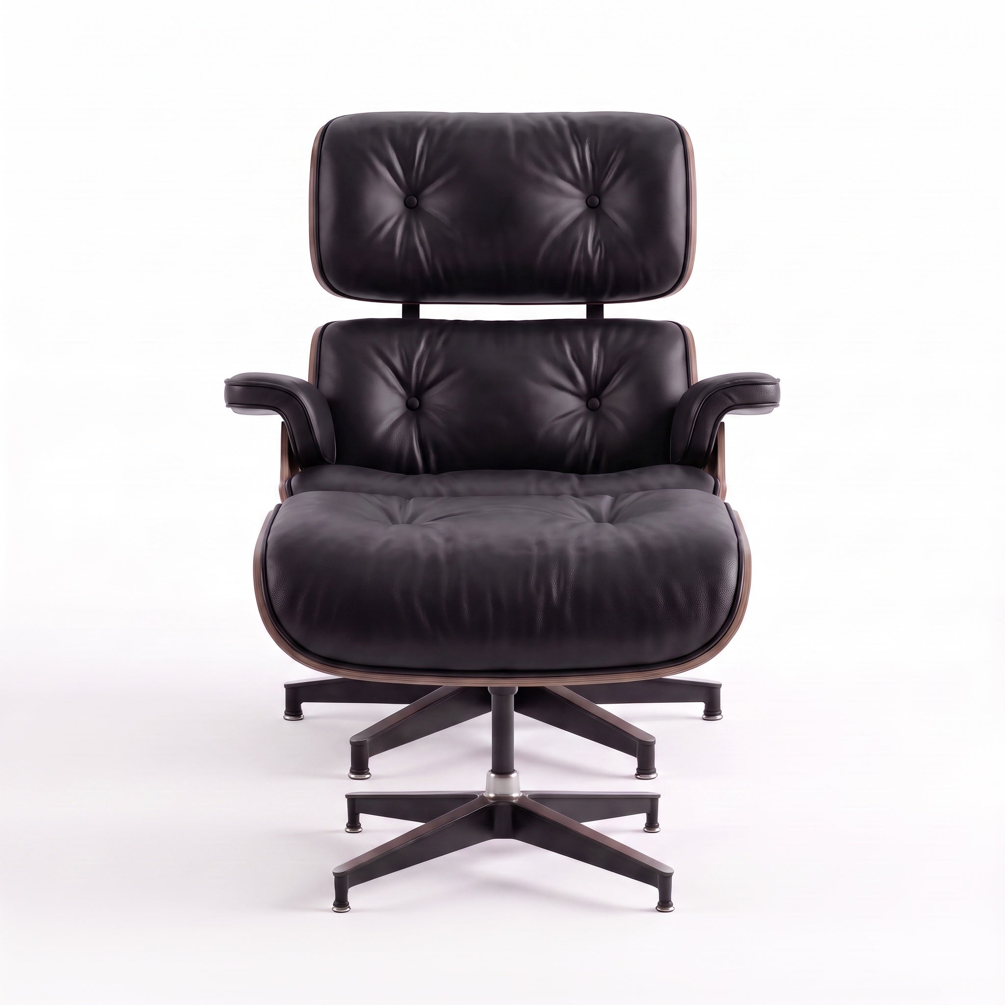 Mid-Century Lounge Chair & Ottoman in Full-Grain Leather, Aluminum, and Veneer
