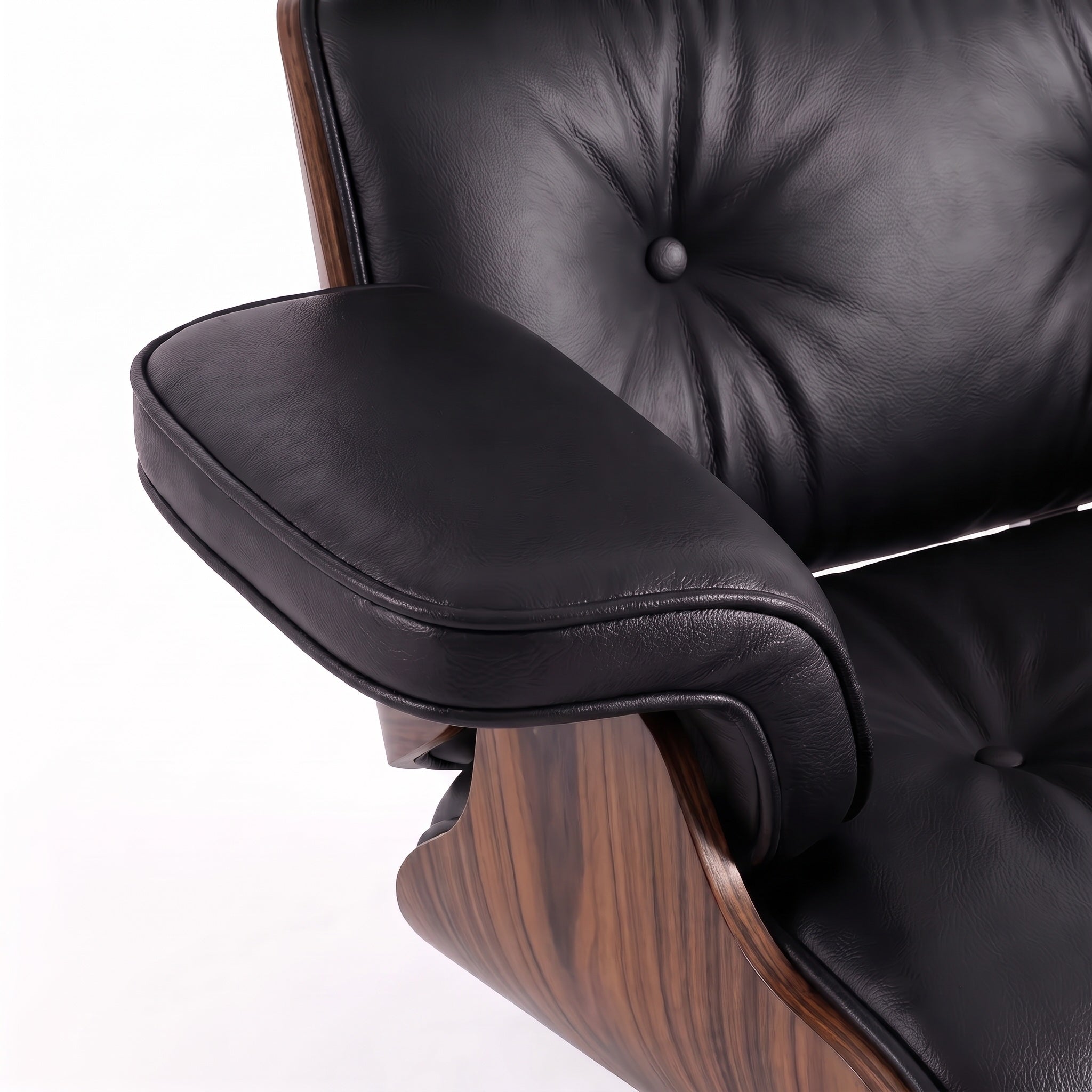 Mid-Century Lounge Chair & Ottoman in Full-Grain Leather, Aluminum, and Veneer