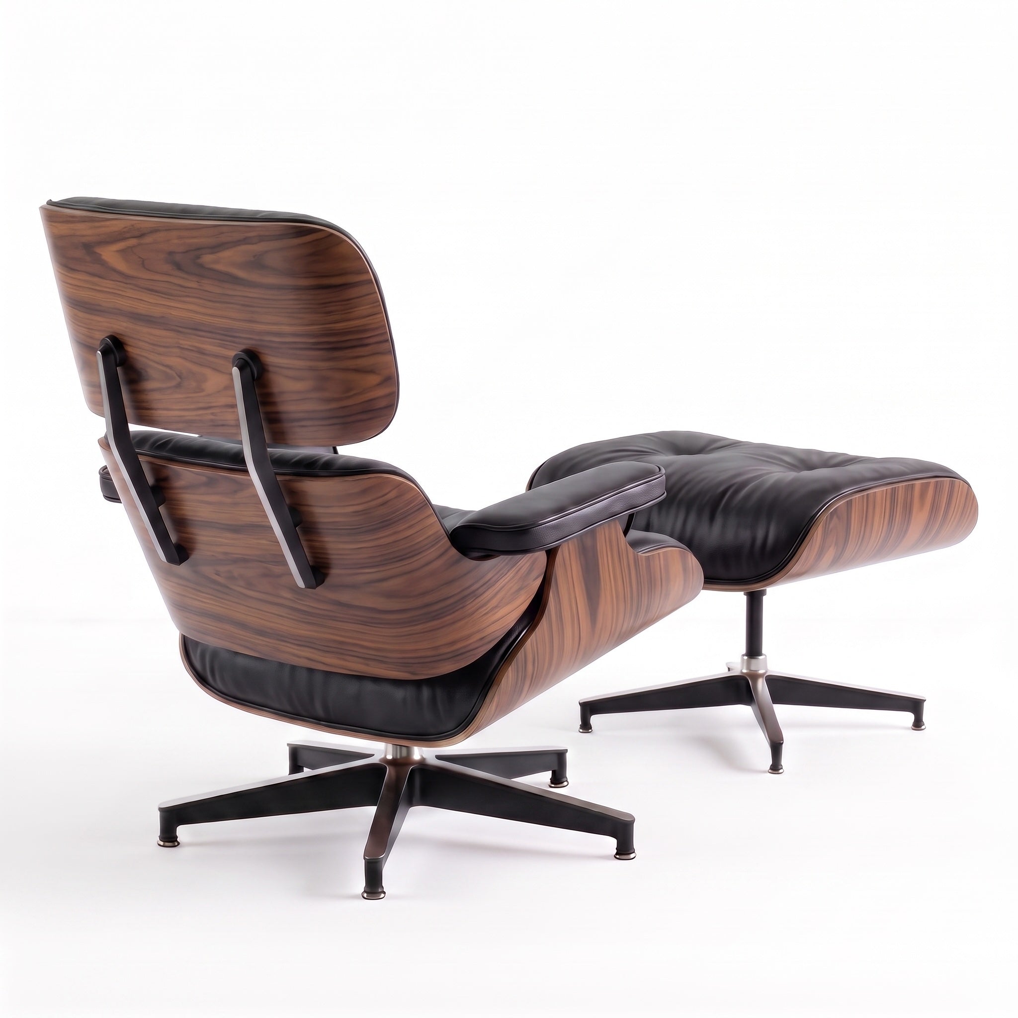 Mid-Century Lounge Chair & Ottoman in Full-Grain Leather, Aluminum, and Veneer