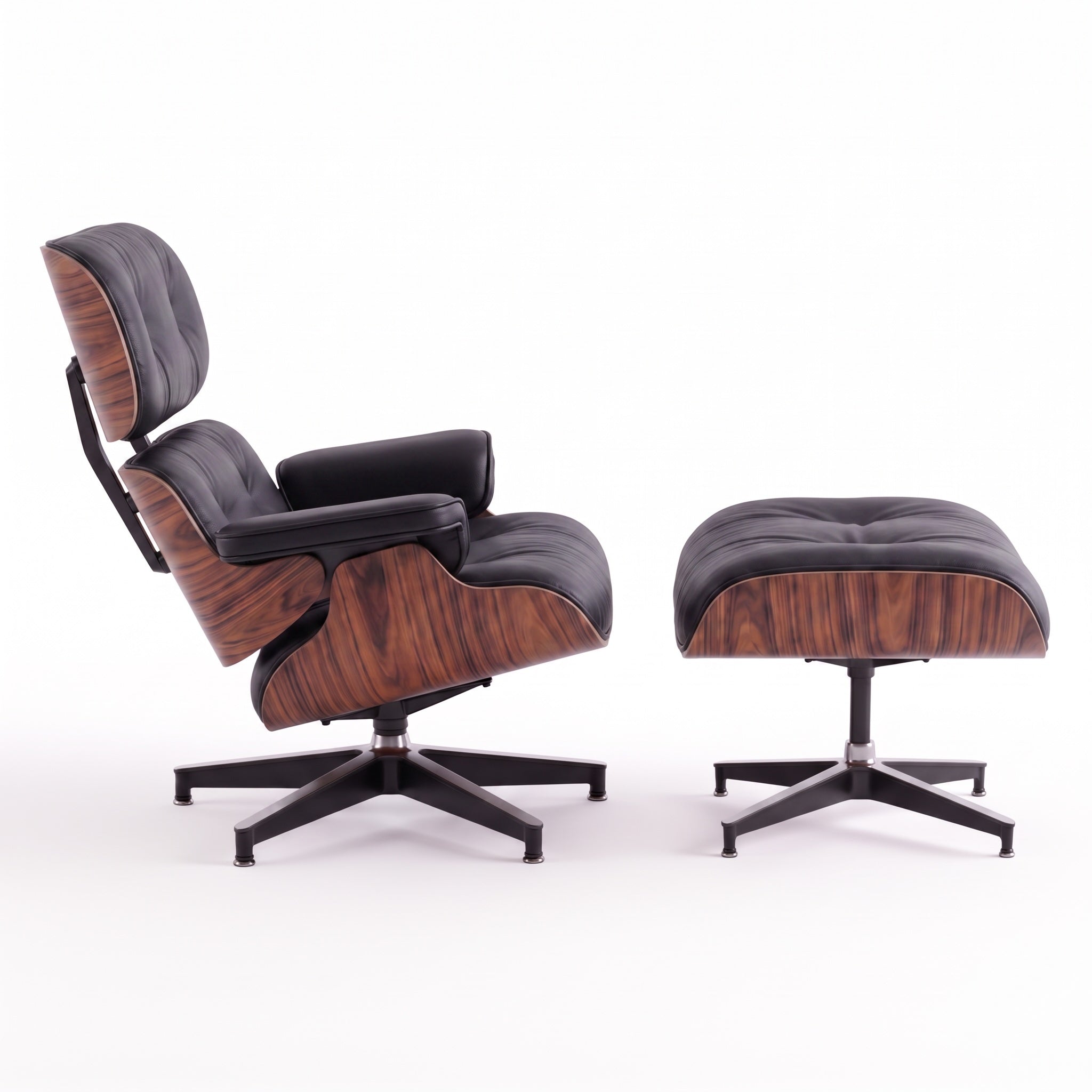 Mid-Century Lounge Chair & Ottoman in Full-Grain Leather, Aluminum, and Veneer