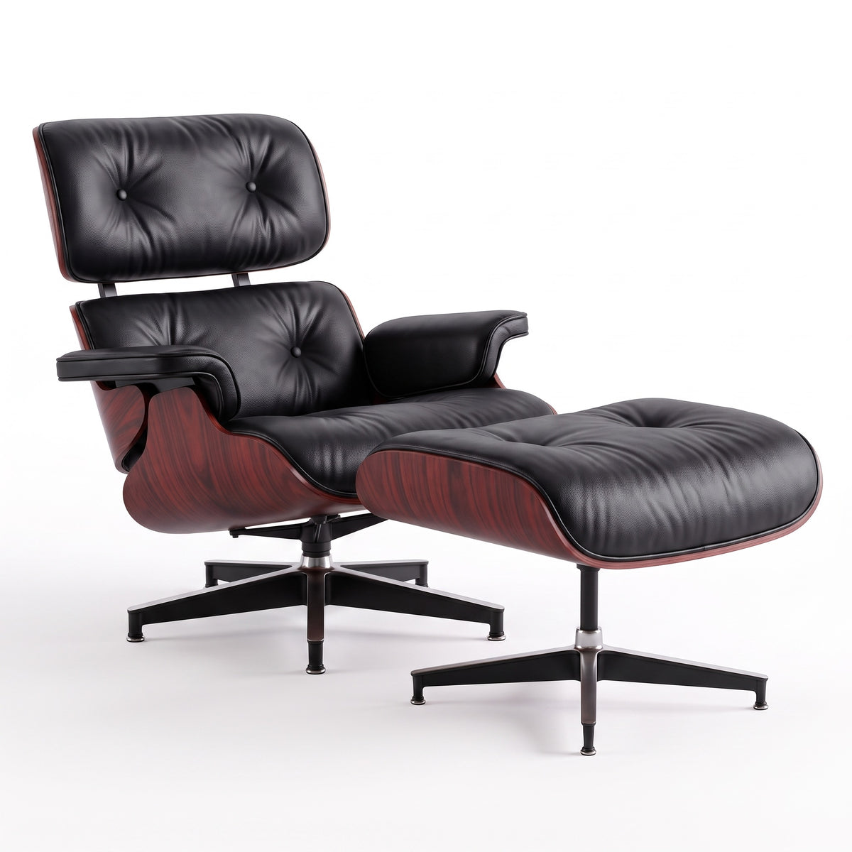 Mid-Century Lounge Chair & Ottoman in Full-Grain Leather, Aluminum, and Veneer