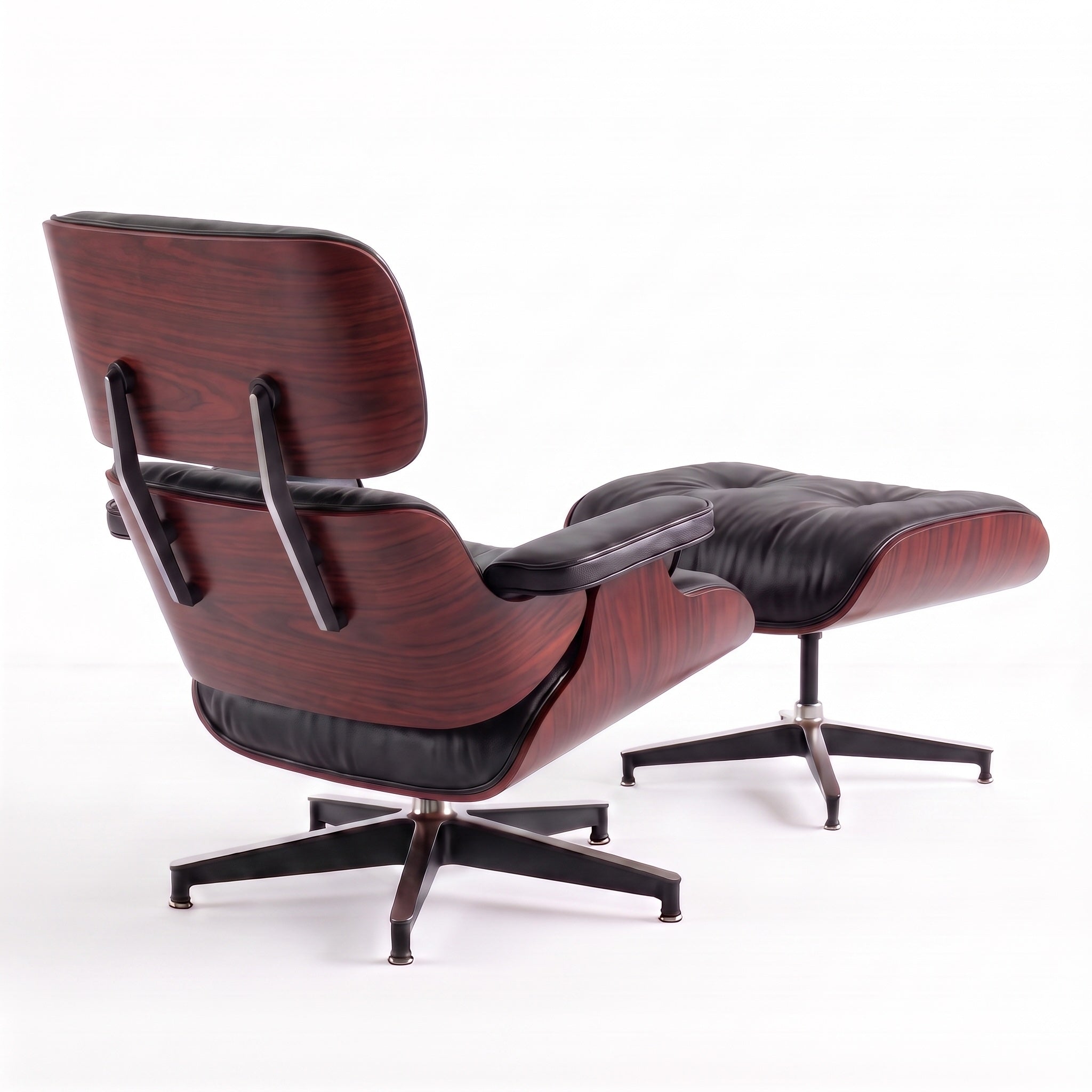 Mid-Century Lounge Chair & Ottoman in Full-Grain Leather, Aluminum, and Veneer