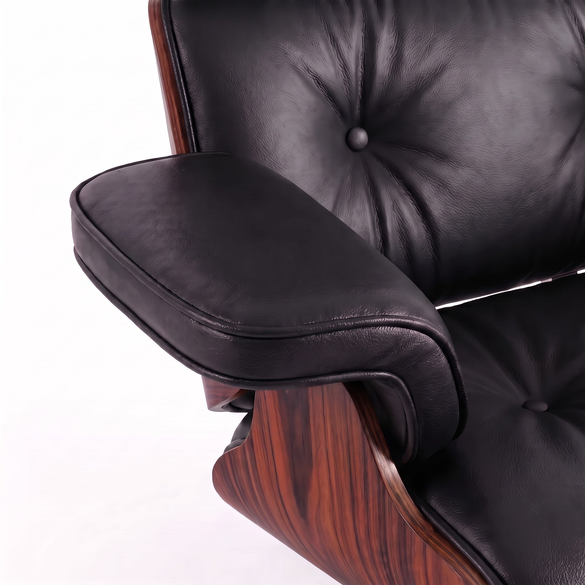 Mid-Century Lounge Chair & Ottoman in Full-Grain Leather, Aluminum, and Veneer