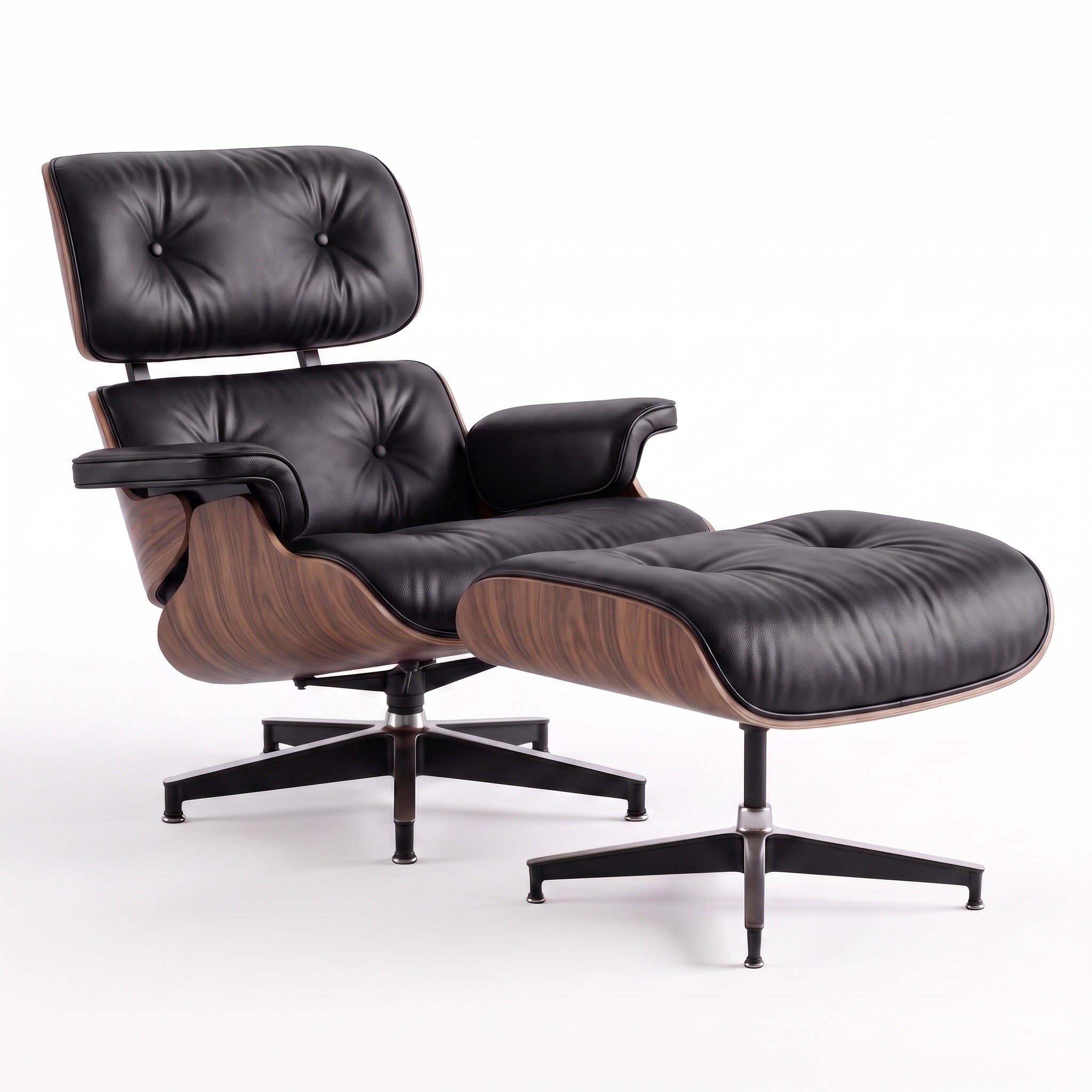 Mid-Century Lounge Chair & Ottoman in Full-Grain Leather, Aluminum, and Veneer