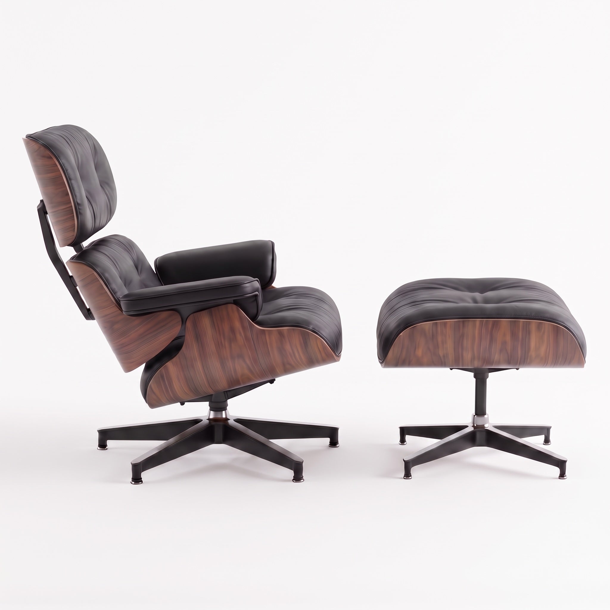 Mid-Century Lounge Chair & Ottoman in Full-Grain Leather, Aluminum, and Veneer