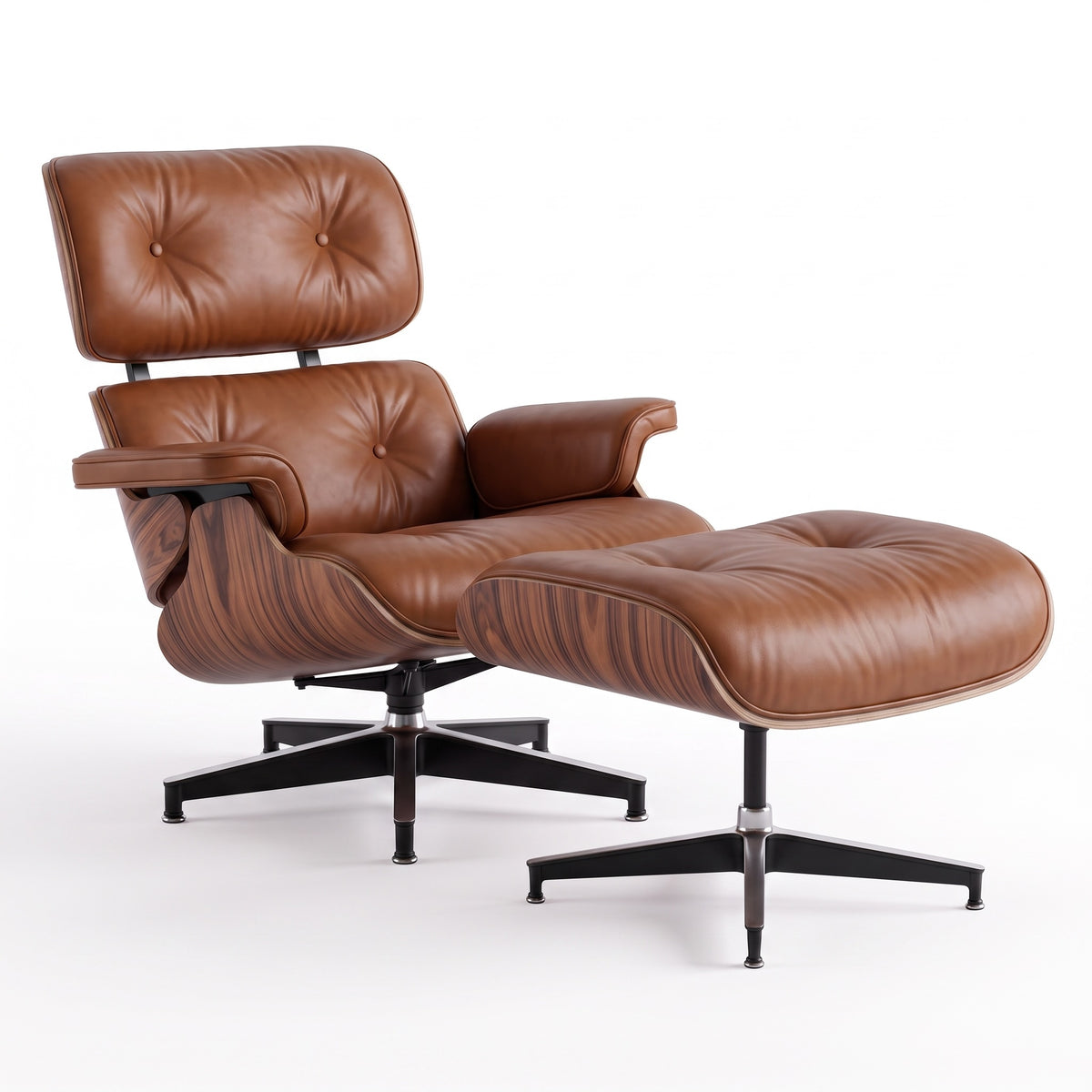Mid-Century Lounge Chair & Ottoman in Full-Grain Leather, Aluminum, and Veneer