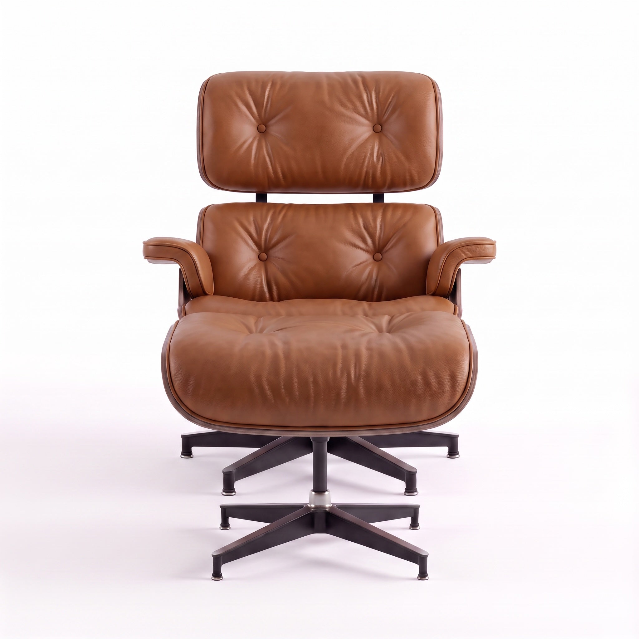 Mid-Century Lounge Chair & Ottoman in Full-Grain Leather, Aluminum, and Veneer