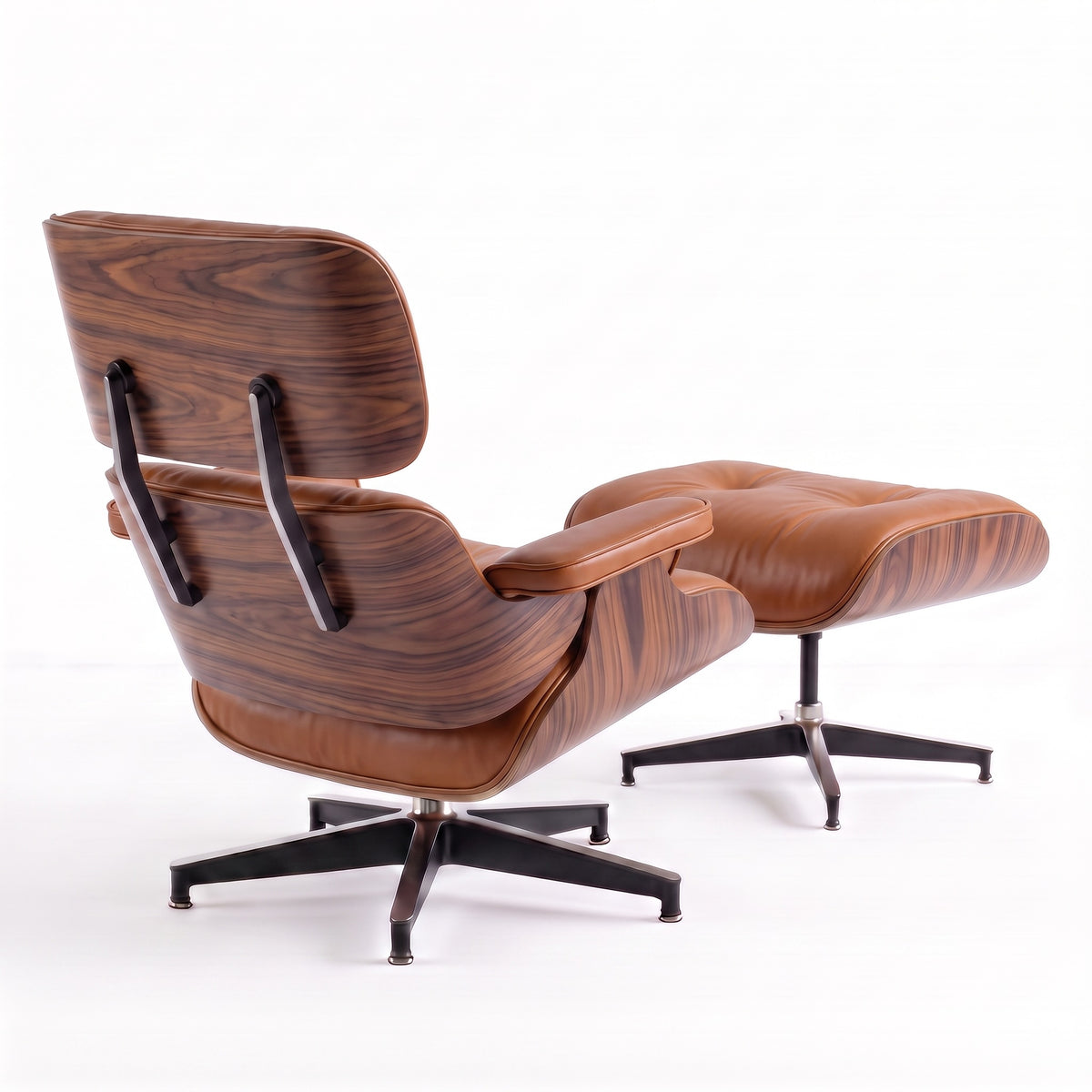 Mid-Century Lounge Chair & Ottoman in Full-Grain Leather, Aluminum, and Veneer