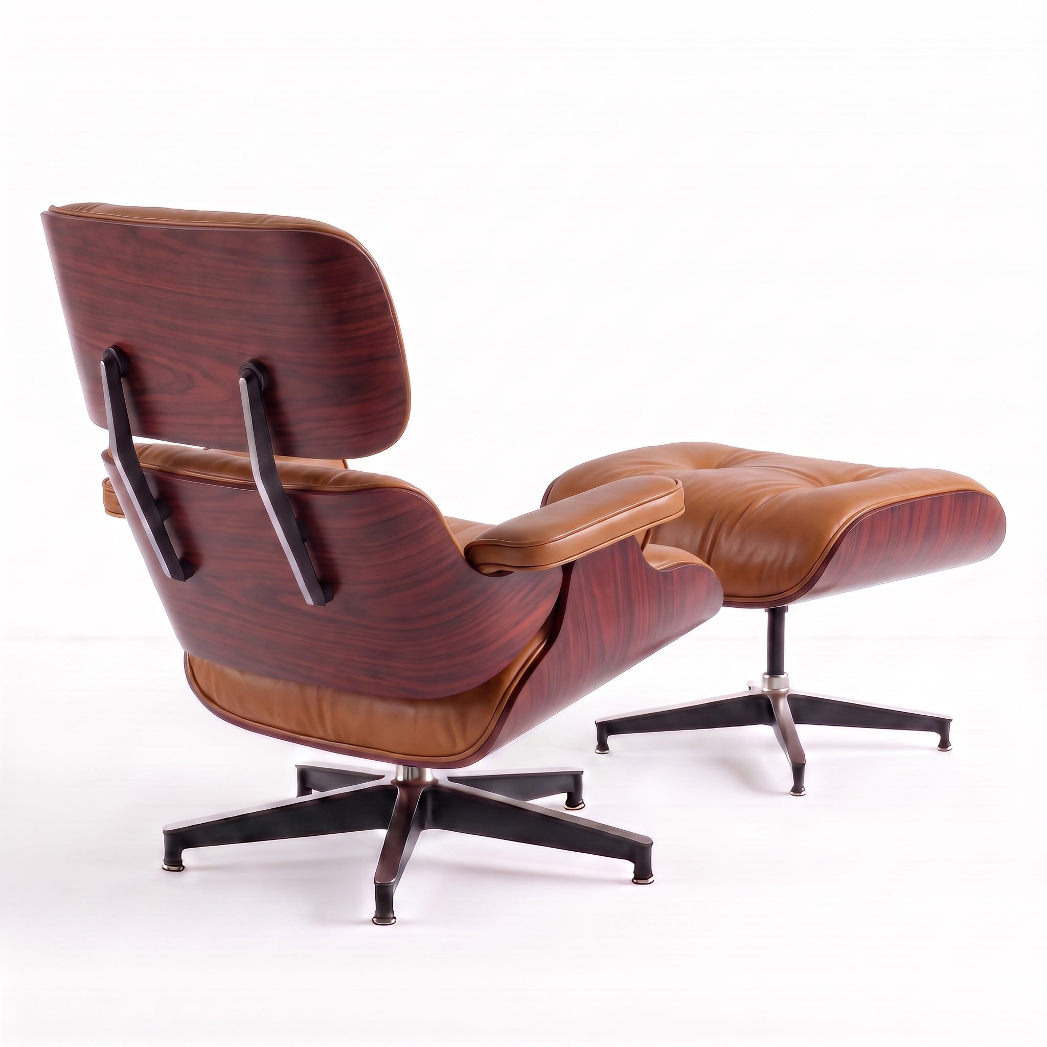 Mid-Century Lounge Chair & Ottoman in Full-Grain Leather, Aluminum, and Veneer