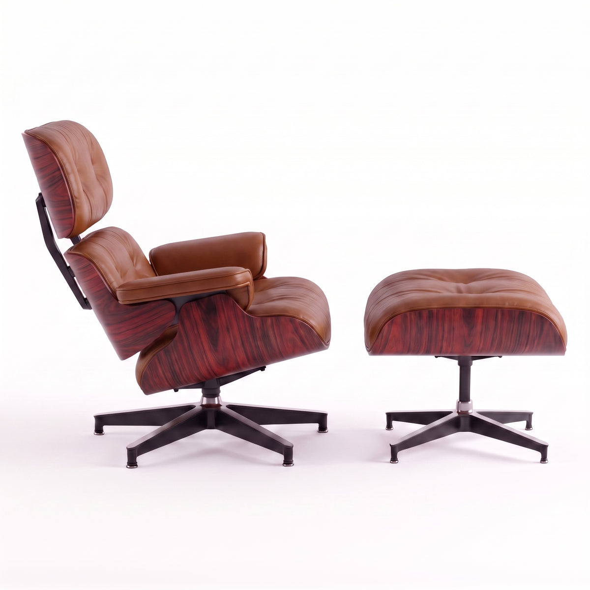Mid-Century Lounge Chair & Ottoman in Full-Grain Leather, Aluminum, and Veneer