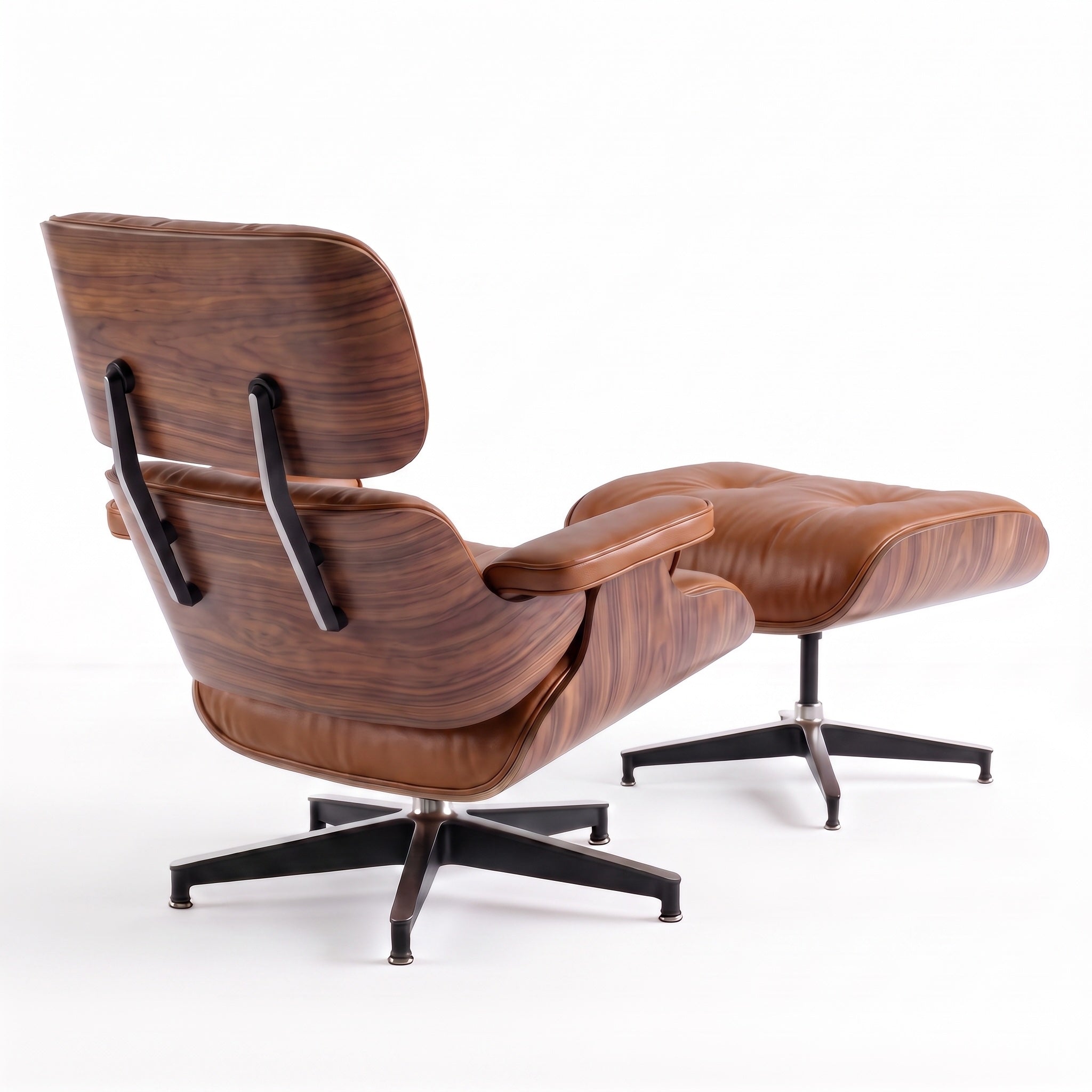 Mid-Century Lounge Chair & Ottoman in Full-Grain Leather, Aluminum, and Veneer