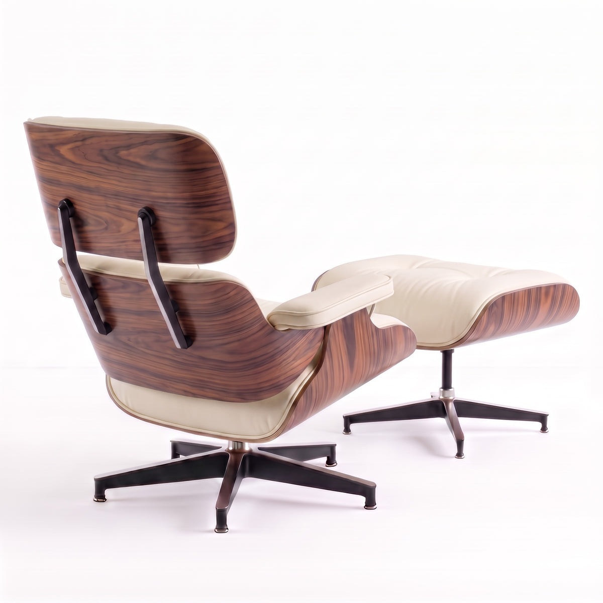 Mid-Century Lounge Chair & Ottoman in Full-Grain Leather, Aluminum, and Veneer