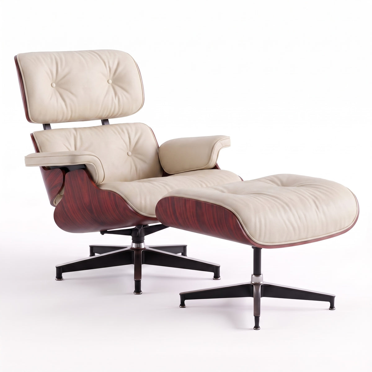 Mid-Century Lounge Chair & Ottoman in Full-Grain Leather, Aluminum, and Veneer