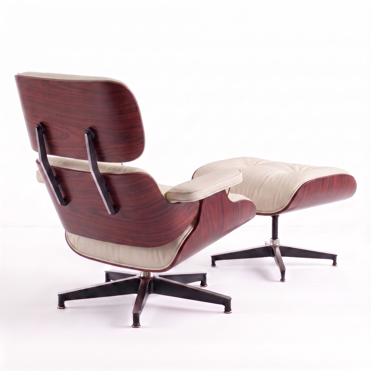 Mid-Century Lounge Chair & Ottoman in Full-Grain Leather, Aluminum, and Veneer