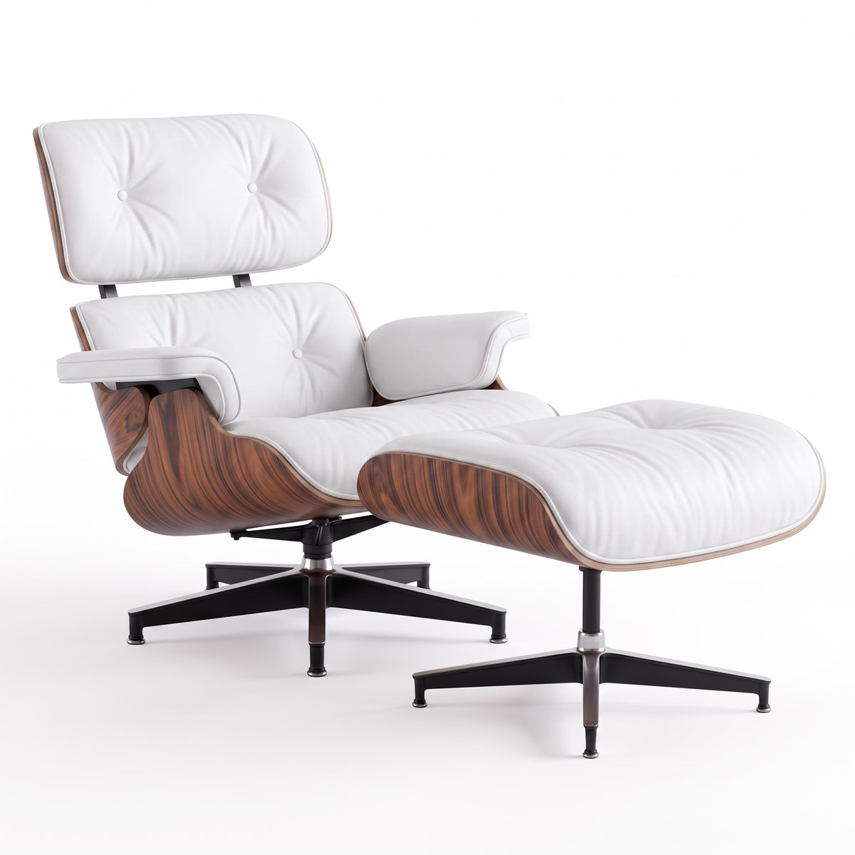 Mid-Century Lounge Chair & Ottoman in Full-Grain Leather, Aluminum, and Veneer