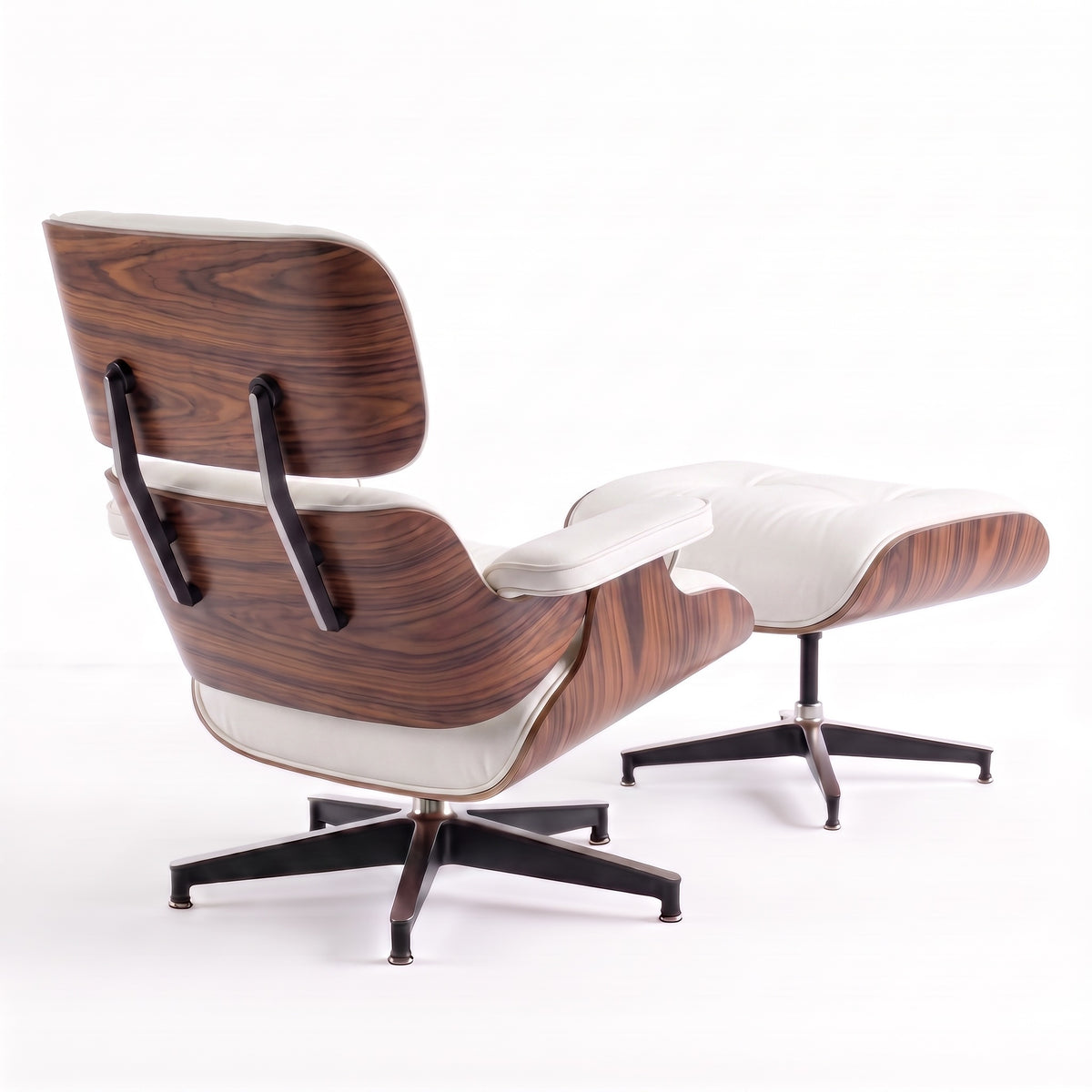 Mid-Century Lounge Chair & Ottoman in Full-Grain Leather, Aluminum, and Veneer