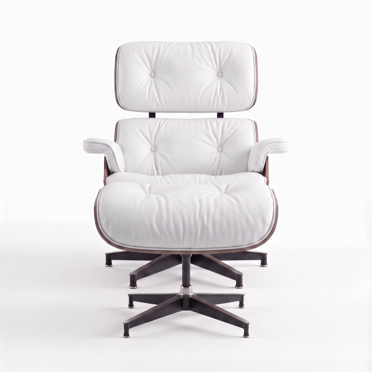 Mid-Century Lounge Chair & Ottoman in Full-Grain Leather, Aluminum, and Veneer