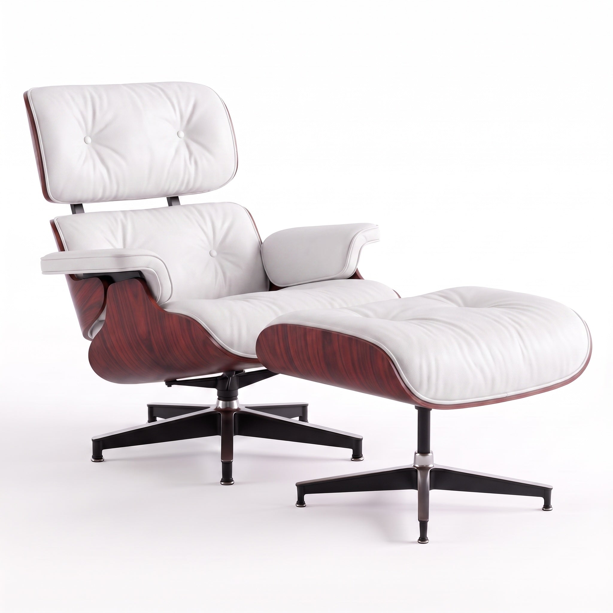 Mid-Century Lounge Chair & Ottoman in Full-Grain Leather, Aluminum, and Veneer