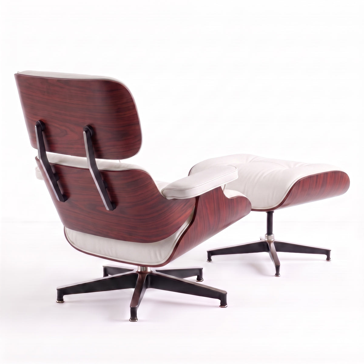 Mid-Century Lounge Chair & Ottoman in Full-Grain Leather, Aluminum, and Veneer