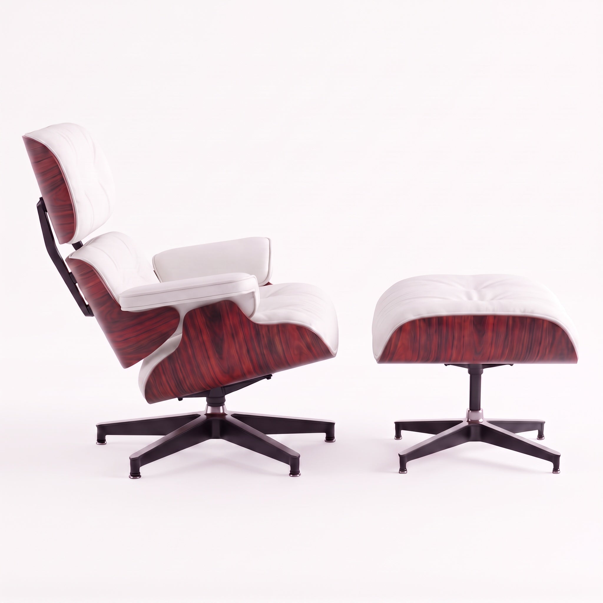 Mid-Century Lounge Chair & Ottoman in Full-Grain Leather, Aluminum, and Veneer