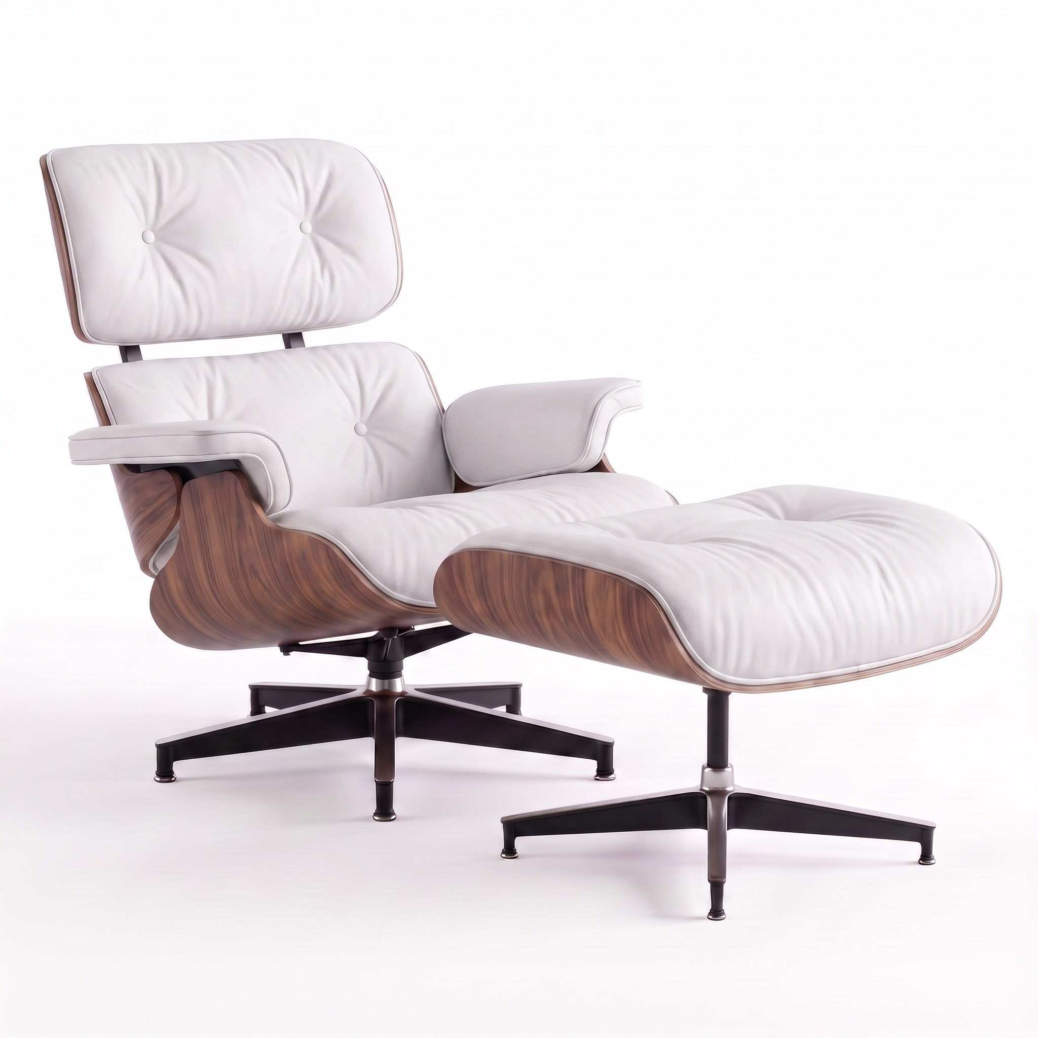 Mid-Century Lounge Chair & Ottoman in Full-Grain Leather, Aluminum, and Veneer