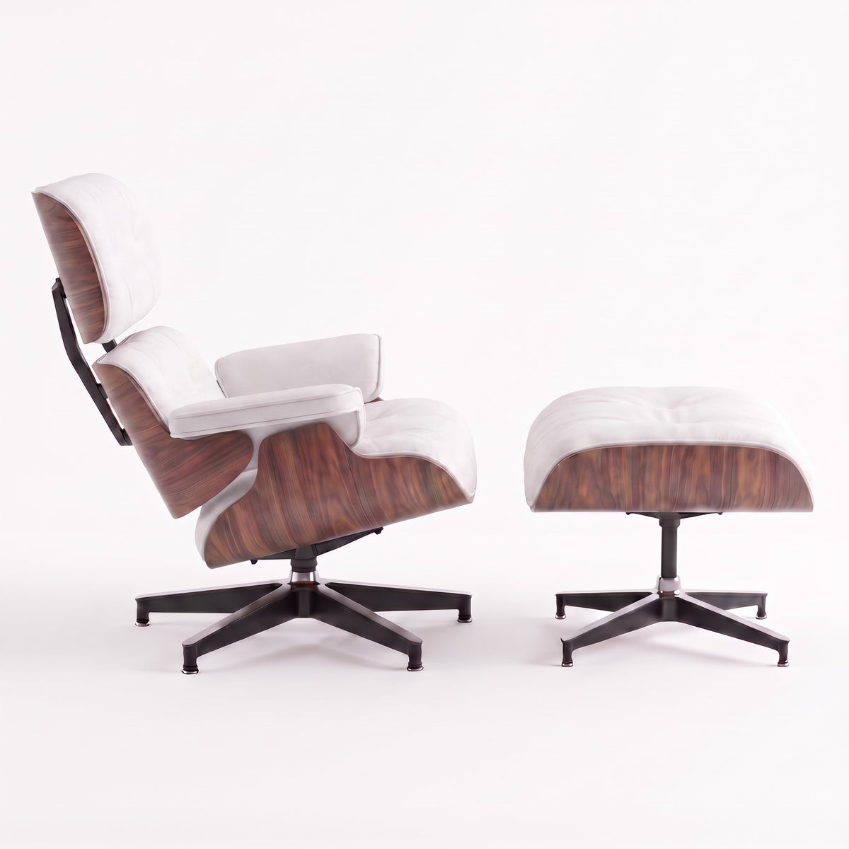 Mid-Century Lounge Chair & Ottoman in Full-Grain Leather, Aluminum, and Veneer