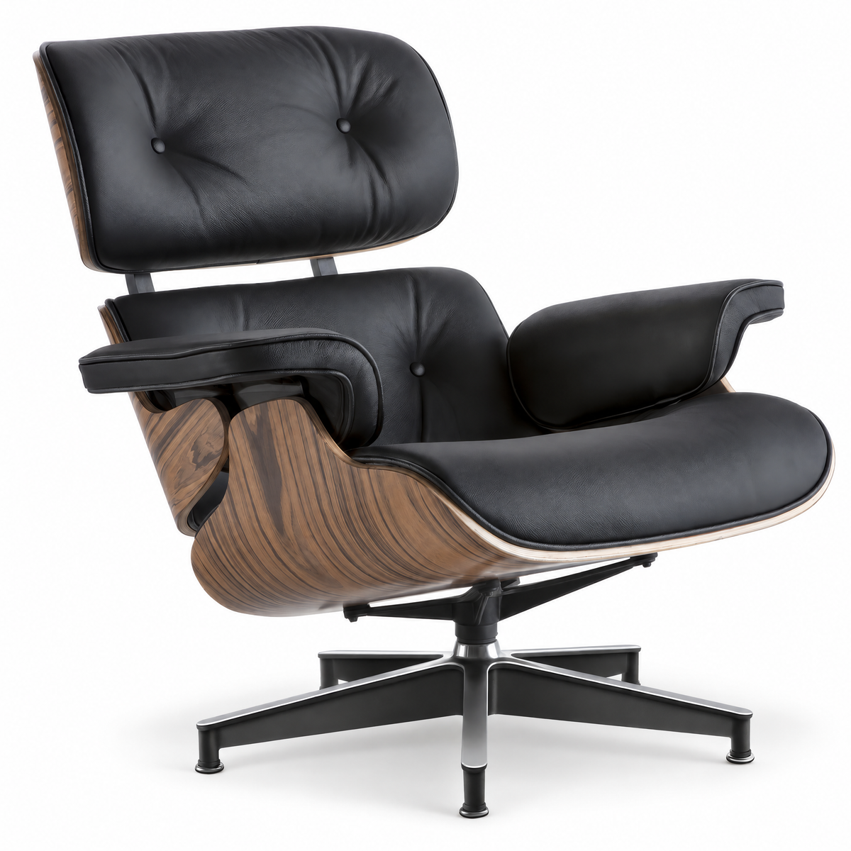 Mid-century lounge chair in black leather with palisander veneer, front three-quarter view
