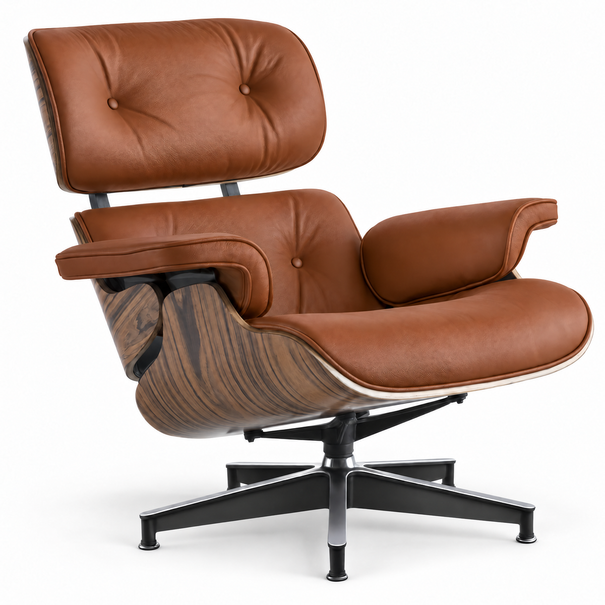 Mid-century lounge chair in cognac brown leather with palisander veneer, front three-quarter view