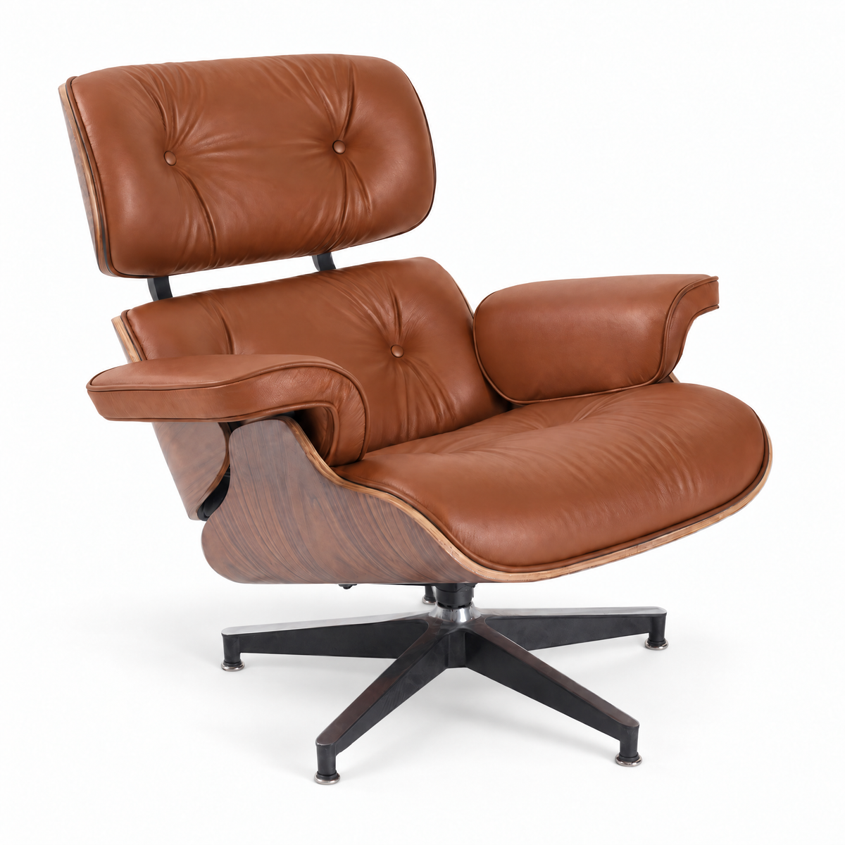 Mid-century lounge chair in cognac brown leather with walnut veneer, front three-quarter view