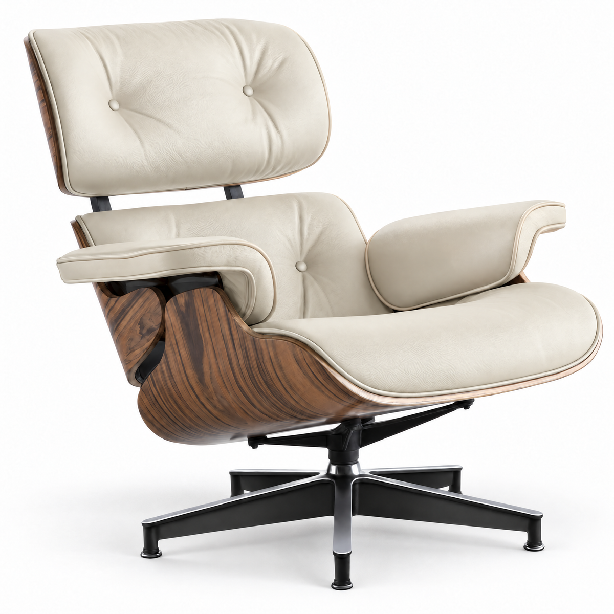 Mid-century lounge chair in cream leather with palisander veneer, front three-quarter view