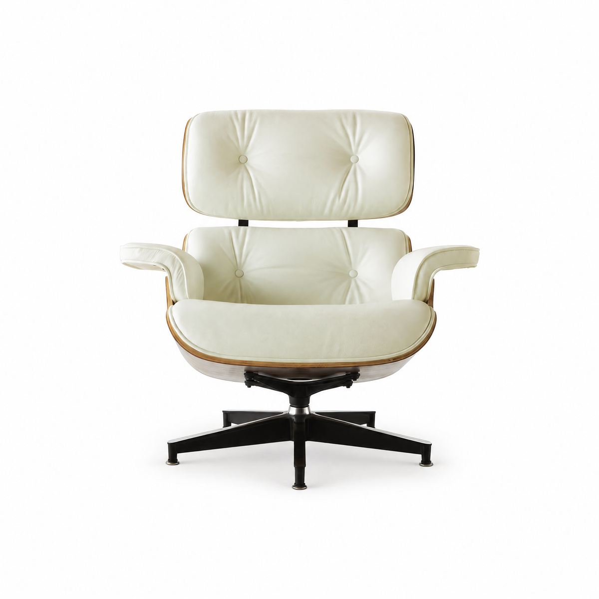 Mid-century lounge chair in cream leather with walnut veneer, front view