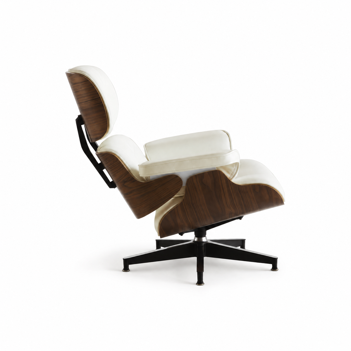 Mid-century lounge chair in cream leather with walnut veneer, side view