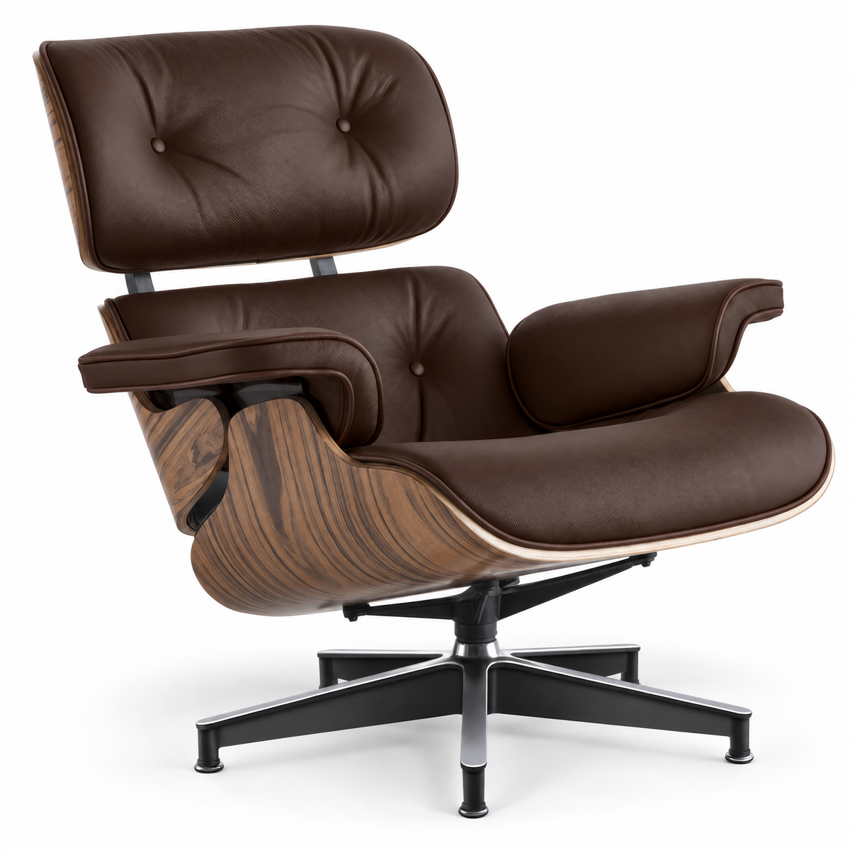 Mid-century lounge chair in saddle brown leather with palisander veneer, front three-quarter view