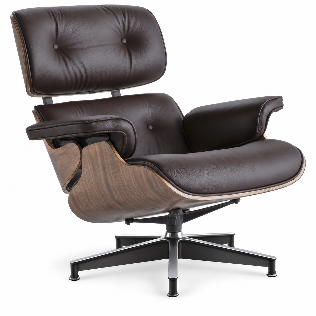 Mid-century lounge chair in saddle brown leather with walnut veneer, front three-quarter view
