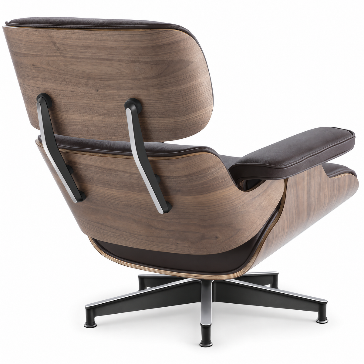 Mid-century lounge chair in saddle brown leather with walnut veneer, rear three-quarter view