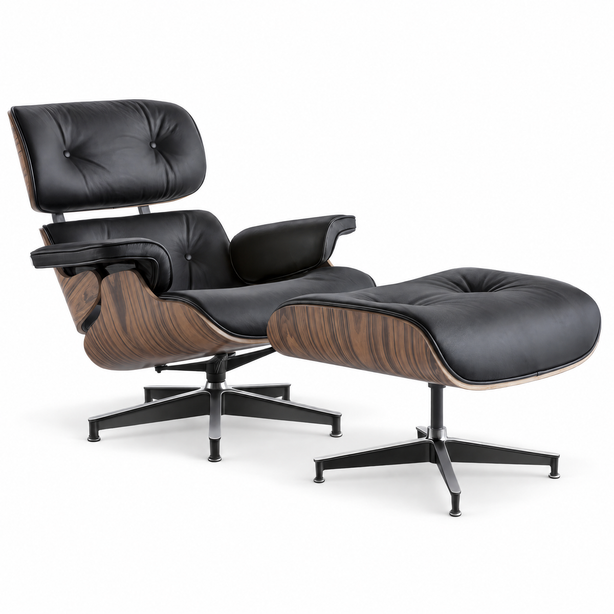 Mid-century lounge chair and ottoman in black full-grain leather with palisander veneer, front three-quarter view, alternate angle