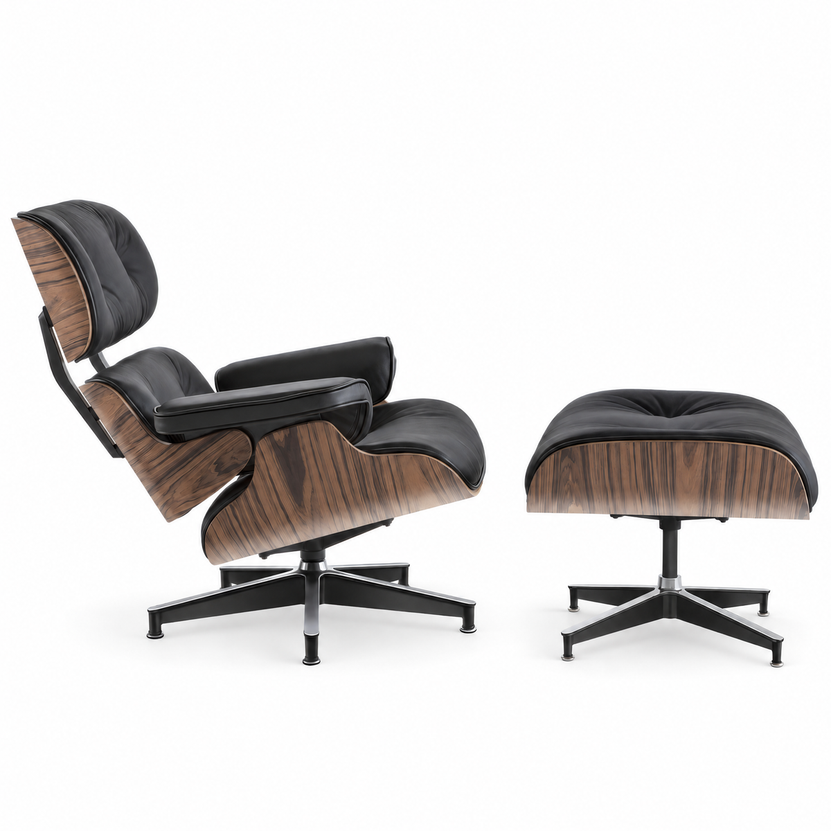 Mid-century lounge chair and ottoman in black full-grain leather with palisander veneer, side view